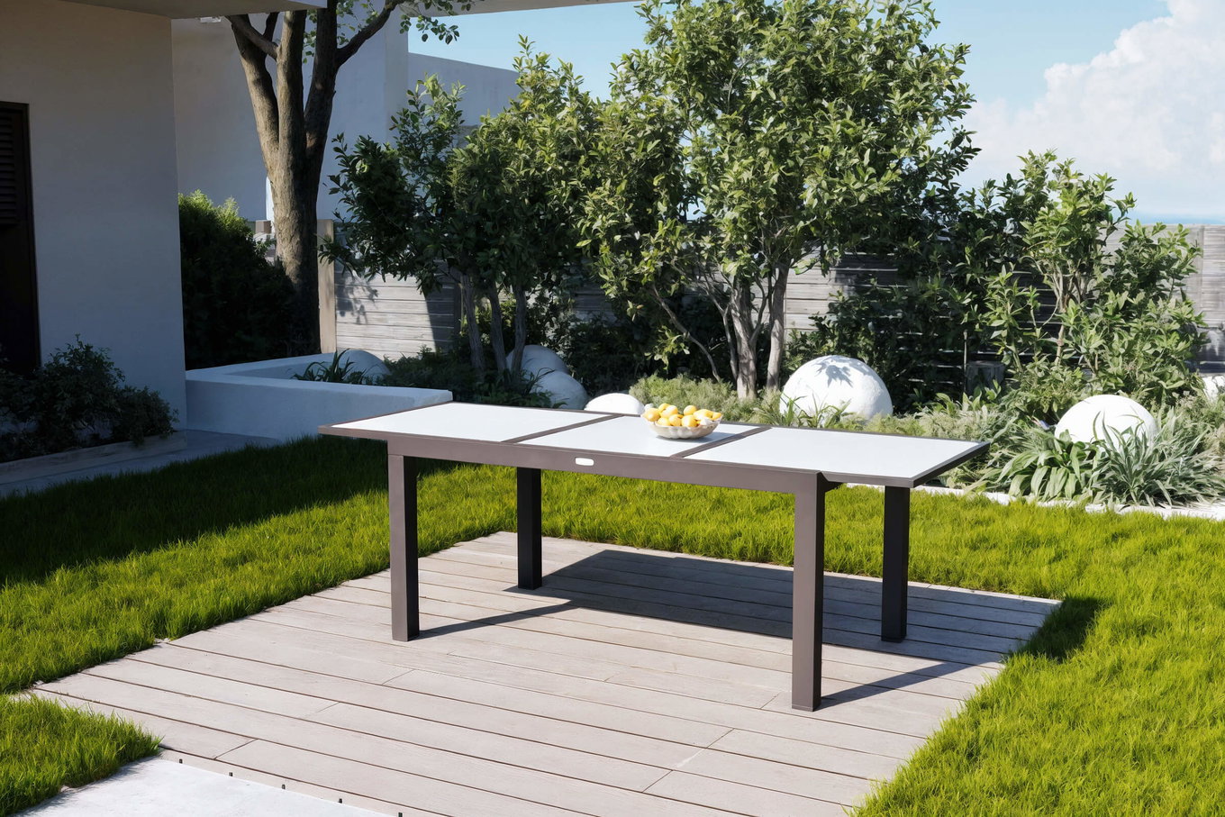 VILLANA Sylvania Mesa extensible, antracita/blanco, Aluminio/Vidrio de seguridad, 160/220 x 90 cm, Con recubrimiento en polvo, Resistente a rayos UV, Con tapas protectoras 13395_1__1