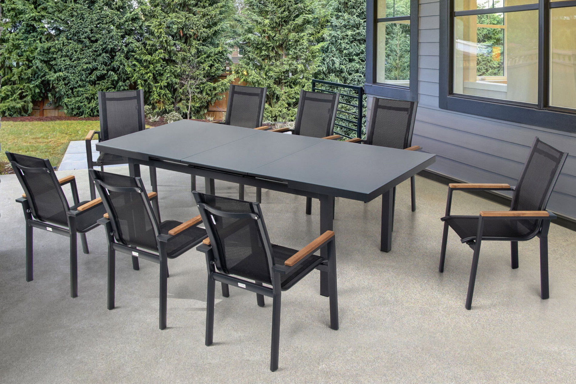 OUTFLEXX Conjunto de comedor Premium para jardín, OUTFLEXX® antracita mate, Aluminio / Vidrio / Teca, Mesa 180/240x100cm, 8 Sillones apilables 22208__1
