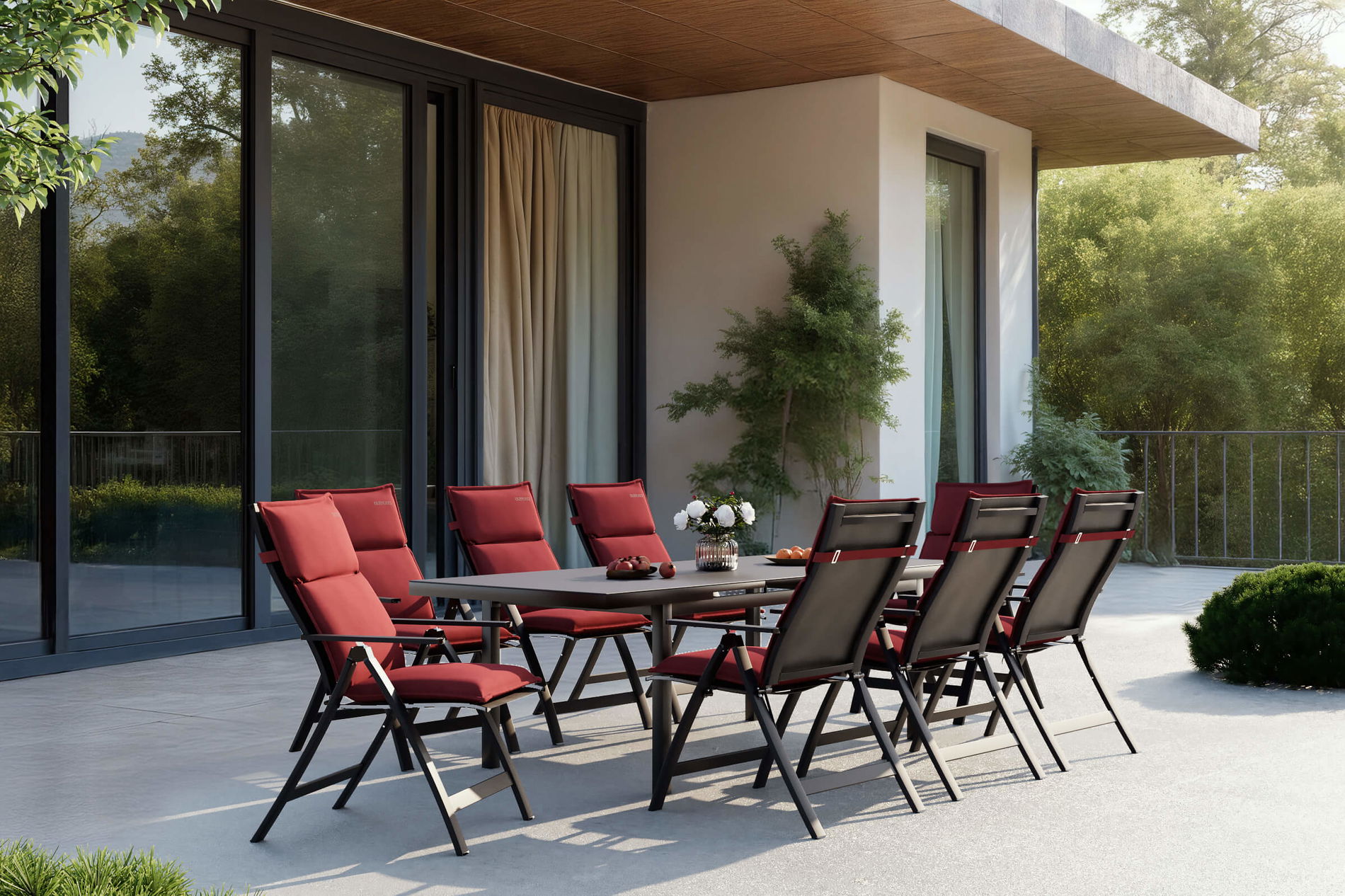 Conjunto de comedor de jardín OUTFLEXX Lagos, antracita/burdeos, aluminio/textileno, mesa 180/240 x 100 cm, 8 sillas plegables, incl. cojines