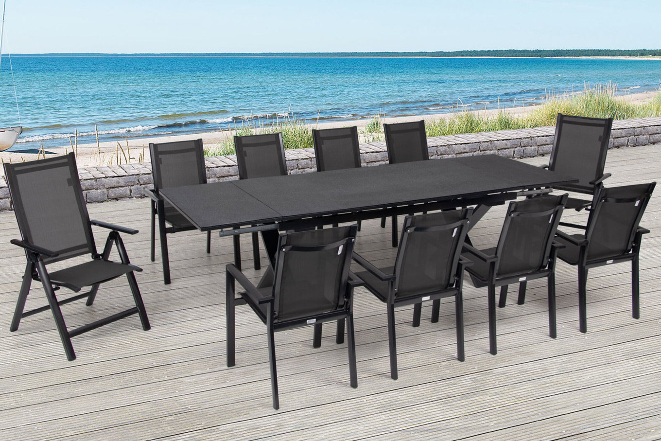 OUTFLEXX Conjunto de comedor de jardín, antracita, Alu / Cerámica / Textil, 180/280x100cm, 2 sillas plegables, 8 sillones apilables 22237__1