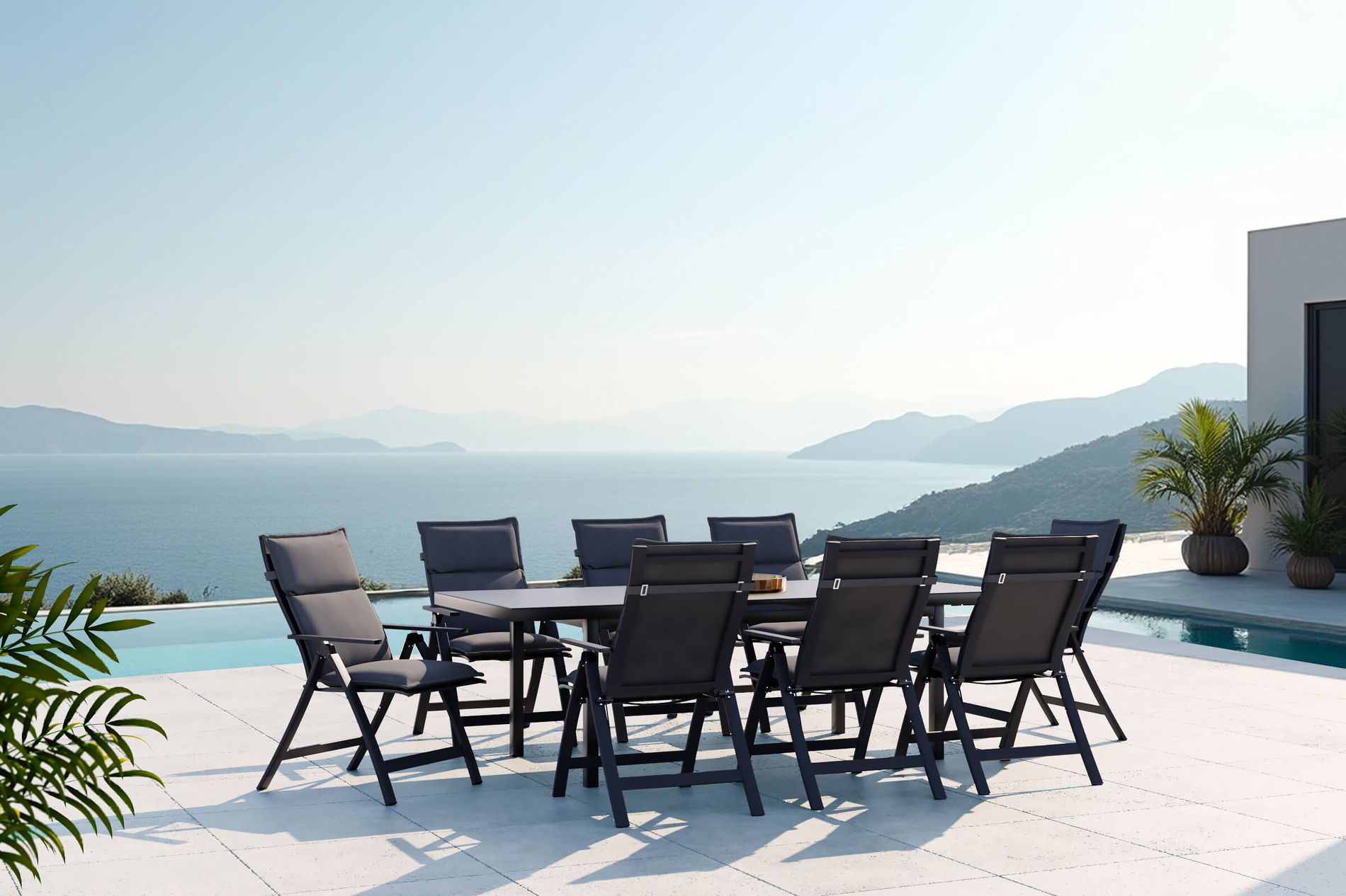 OUTFLEXX Lagos Conjunto de comedor de jardín, antracita/gris, aluminio/textilene, mesa 180/240 x 100 cm, 8 sillas plegables, incluye cojines