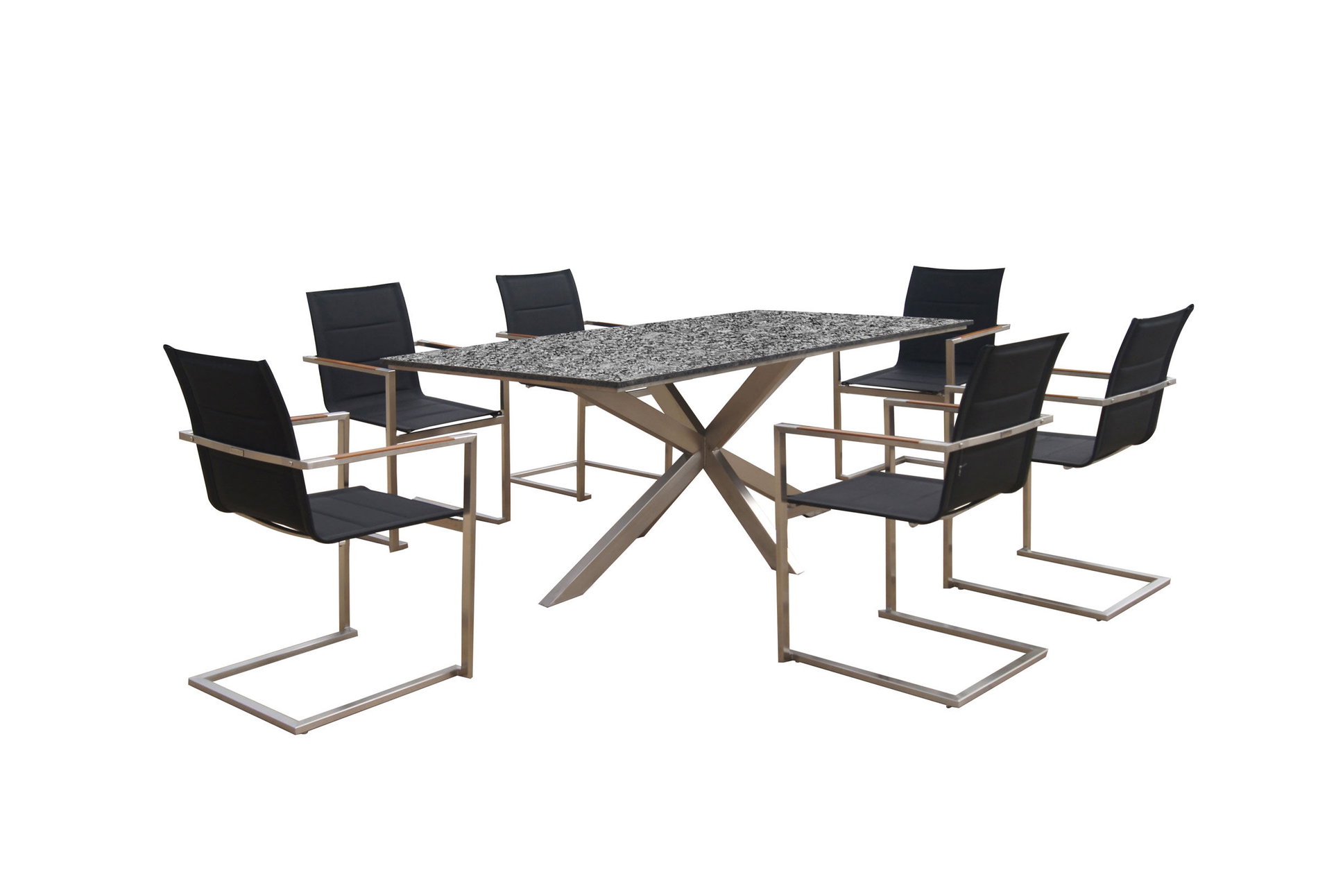 OUTFLEXX Garten-Essgruppe, silber/schwarz, Edelstahl/Granit/Textil, 200x100 cm, 6 Freischwinger, padded, Armlehnen aus Teak 22783__1