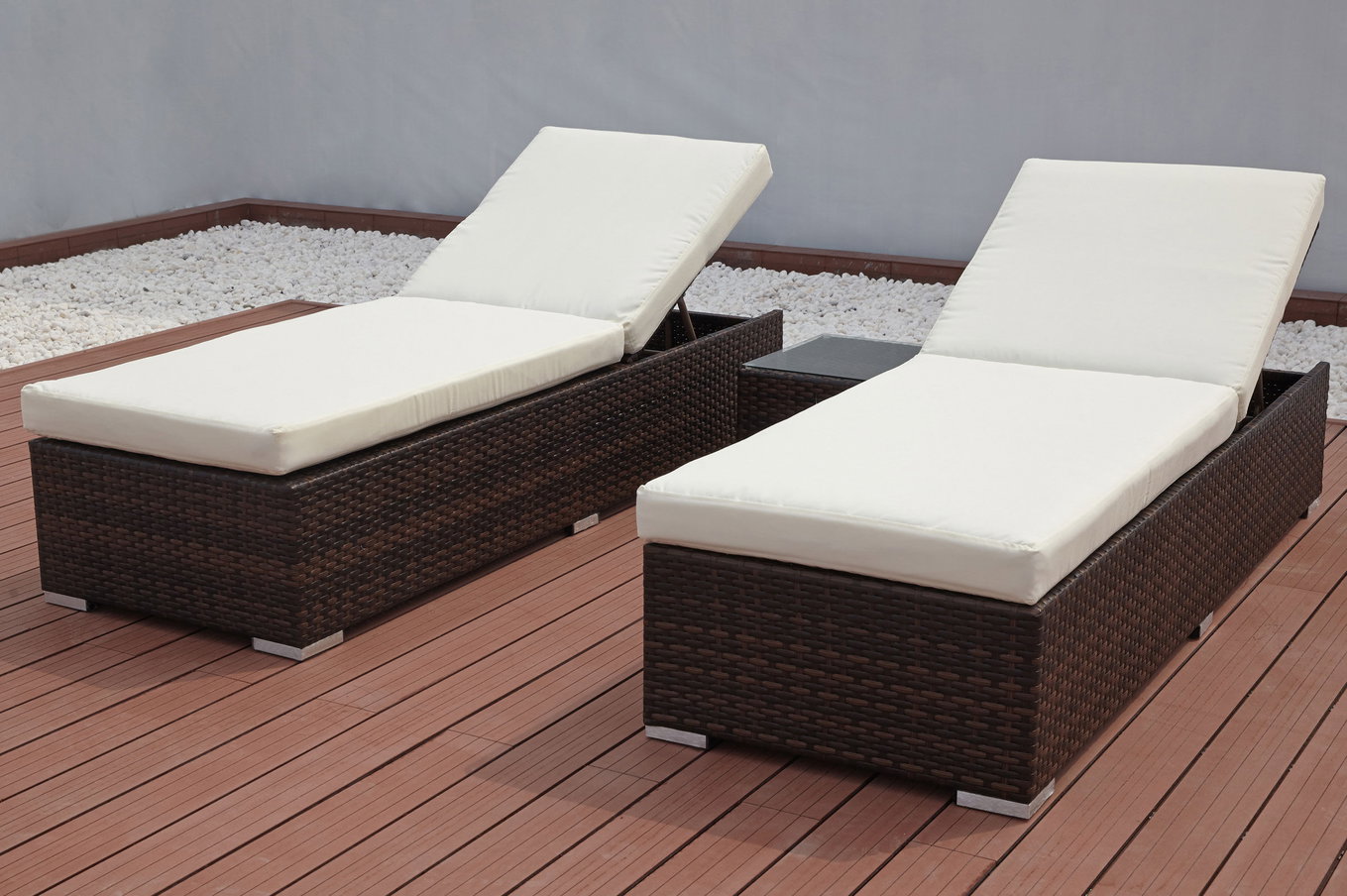 OUTFLEXX Set de 2 tumbonas, marrón jaspeado, polirratán, cada una 200x70x45cm, con mesa auxiliar 7761__1