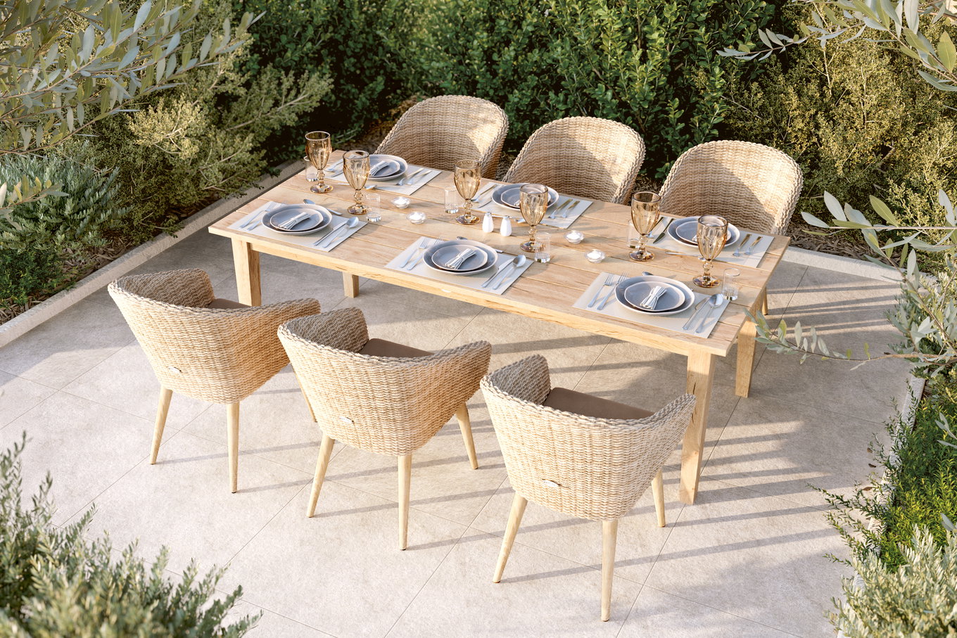 Ploß Borneo Conjunto de comedor de jardín, beige jaspeado, Poliratán/Acacia, Mesa 220 x 100 cm, 6 Sillones Cocktail, Producto certificado FSC® 22682__1