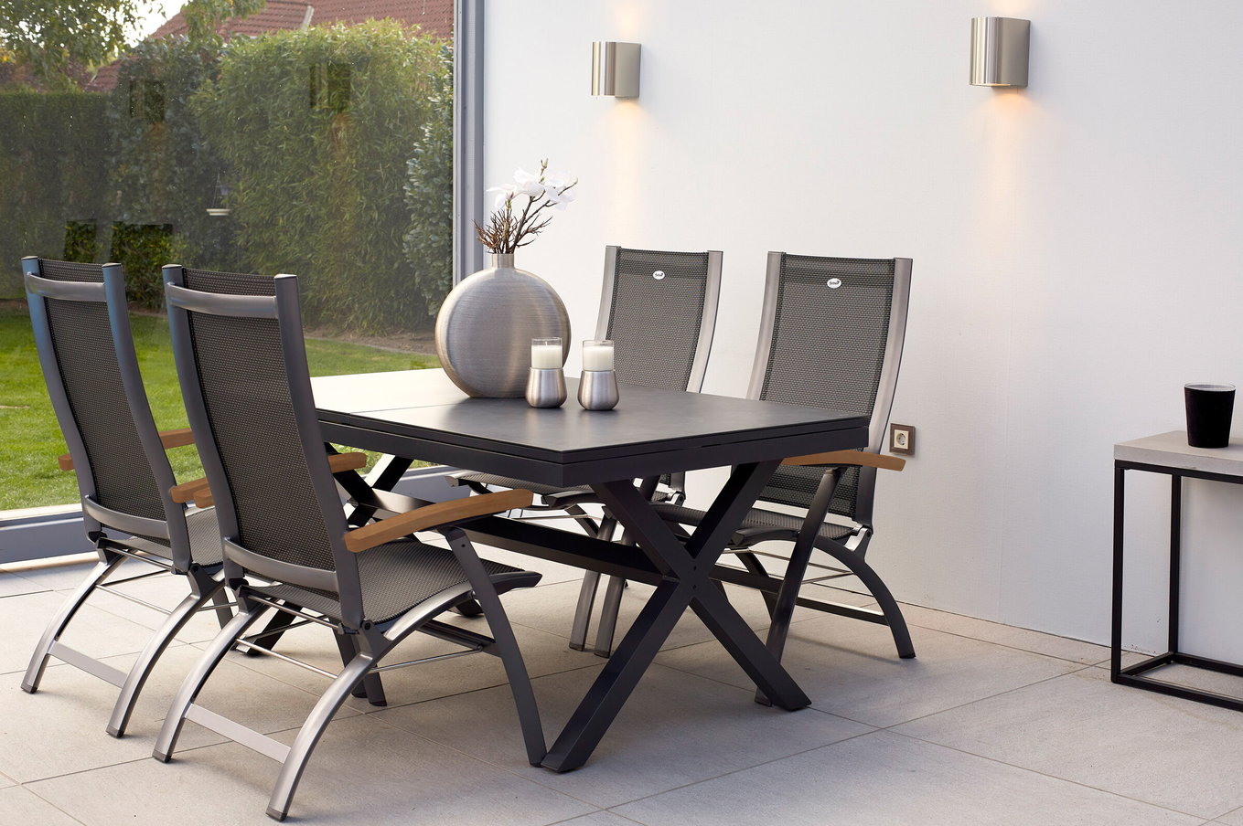 HARTMAN Xanadu / Primo Conjunto de comedor de jardín, xerix, Alu/Textilene/Vitrocerámica, 4 sillas plegables, 160/220x100cm, función extensible 23169__1