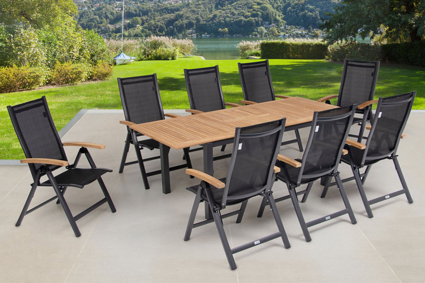 Conjunto de comedor de jardín OUTFLEXX, antracita mate OUTFLEXX®, aluminio / teca / textil, mesa 150/210x90cm, 8 sillas plegables 22168__1