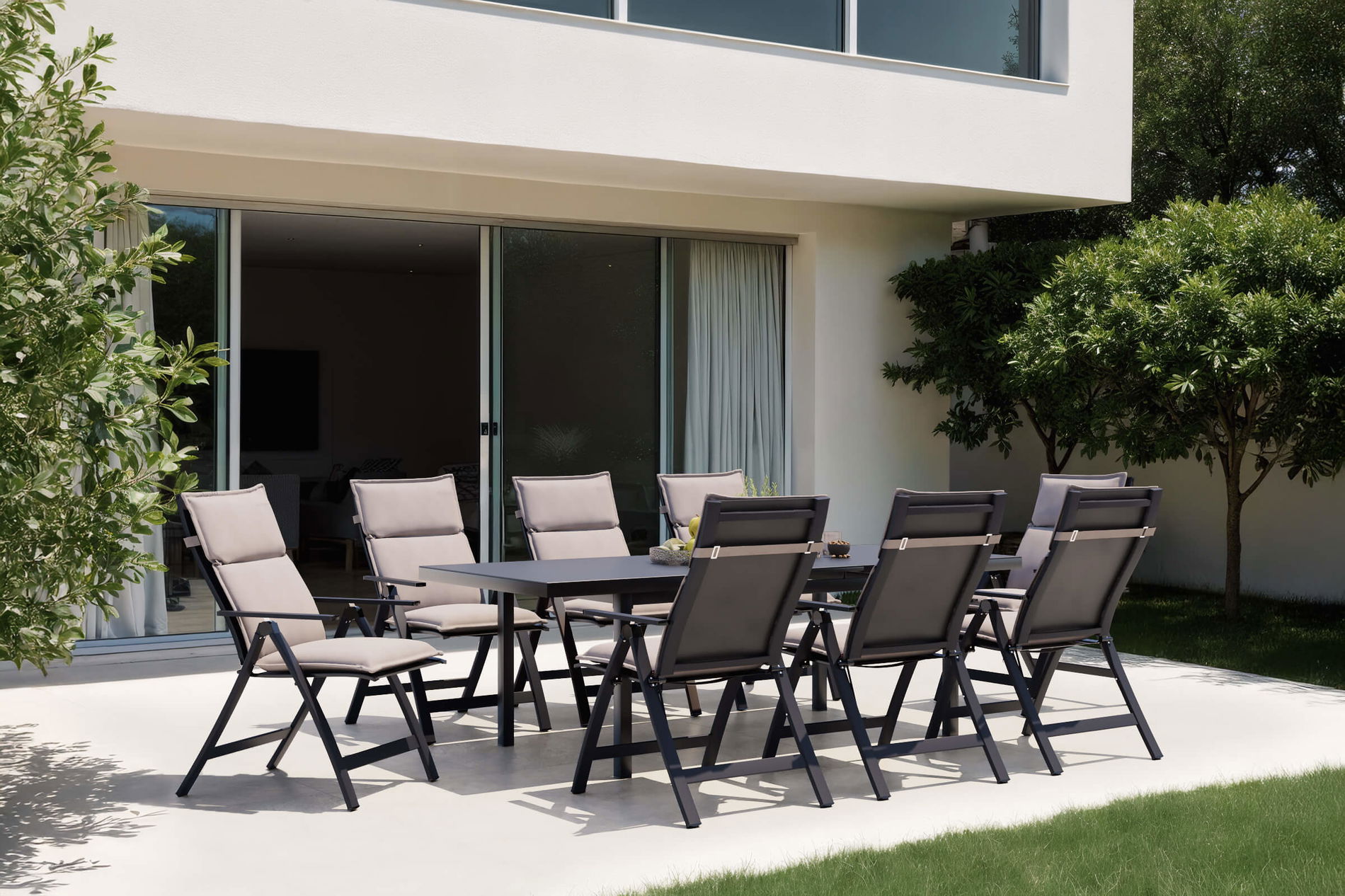 Conjunto de comedor de jardín OUTFLEXX Lagos, antracita/natural, aluminio/cristal, mesa 180/240 x 100 cm, 8 sillas plegables, incl. cojines