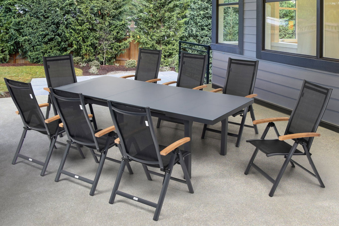Conjunto de comedor Premium para jardín OUTFLEXX, OUTFLEXX® antracita mate, Aluminio / Vidrio / Teca, Mesa 180/240x100cm, 8 sillas plegables 22206__1