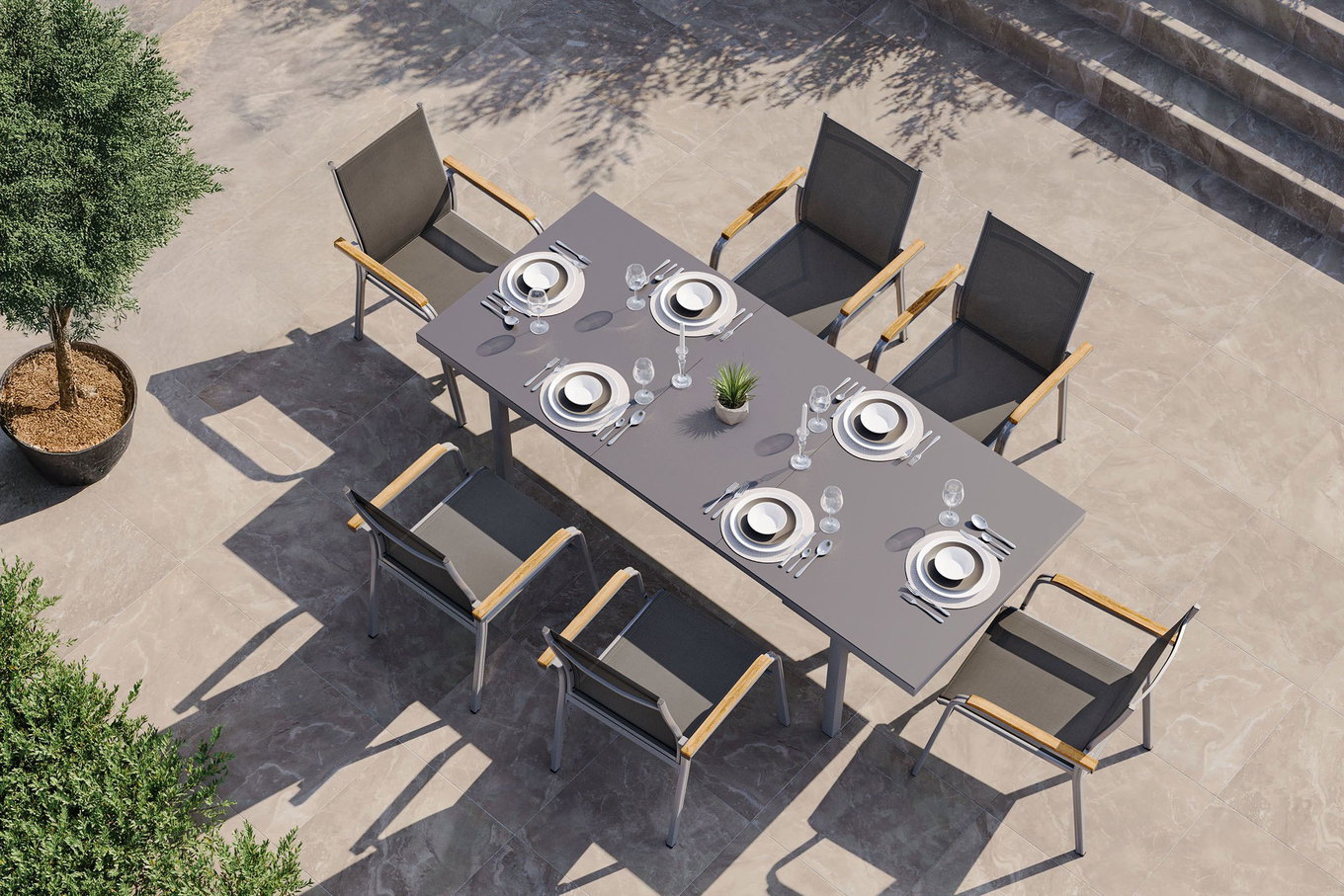 KETTLER Granada Conjunto de comedor de jardín, plata, Alu/Textilene, Mesa 180/240x100cm, 6 sillas apilables 19321__1