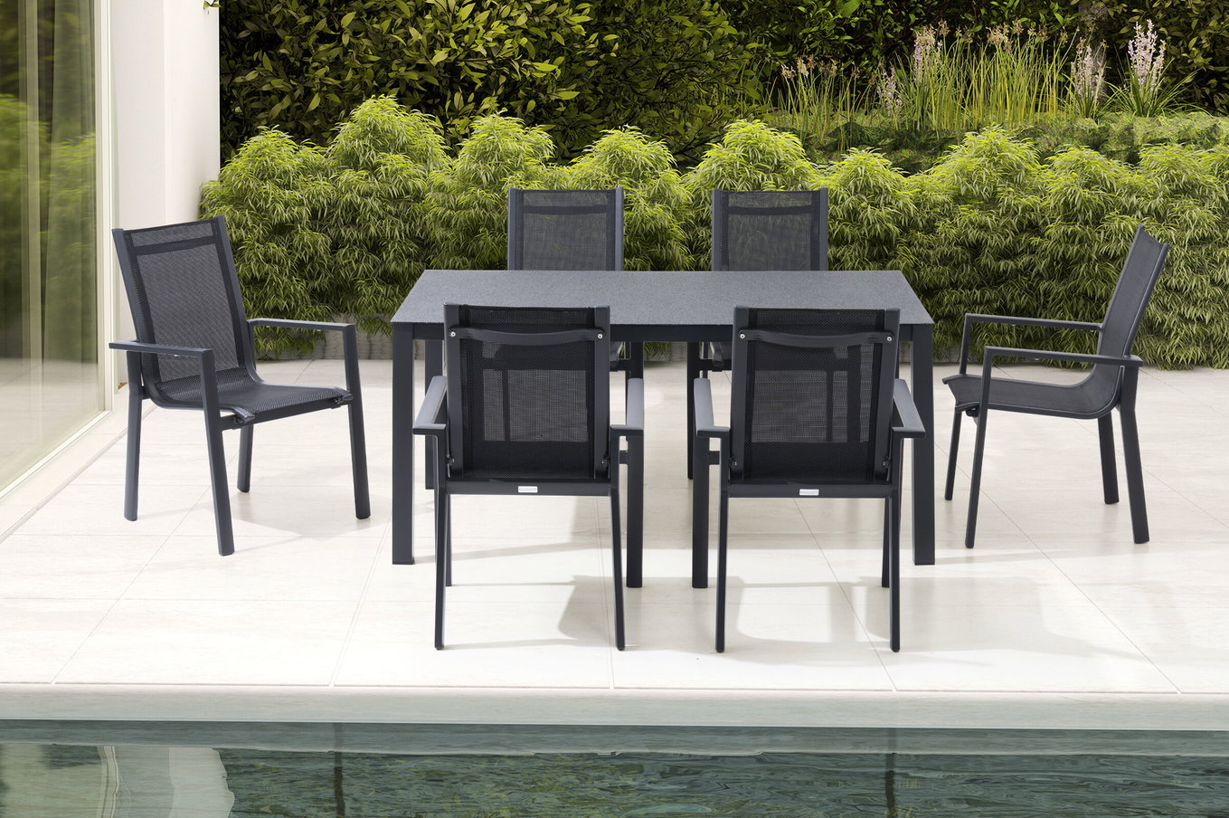 OUTFLEXX Conjunto de comedor de jardín, antracita mate, Alu/Spraystone/Textilene, 160x95 cm, 6 sillas apilables 28188__1