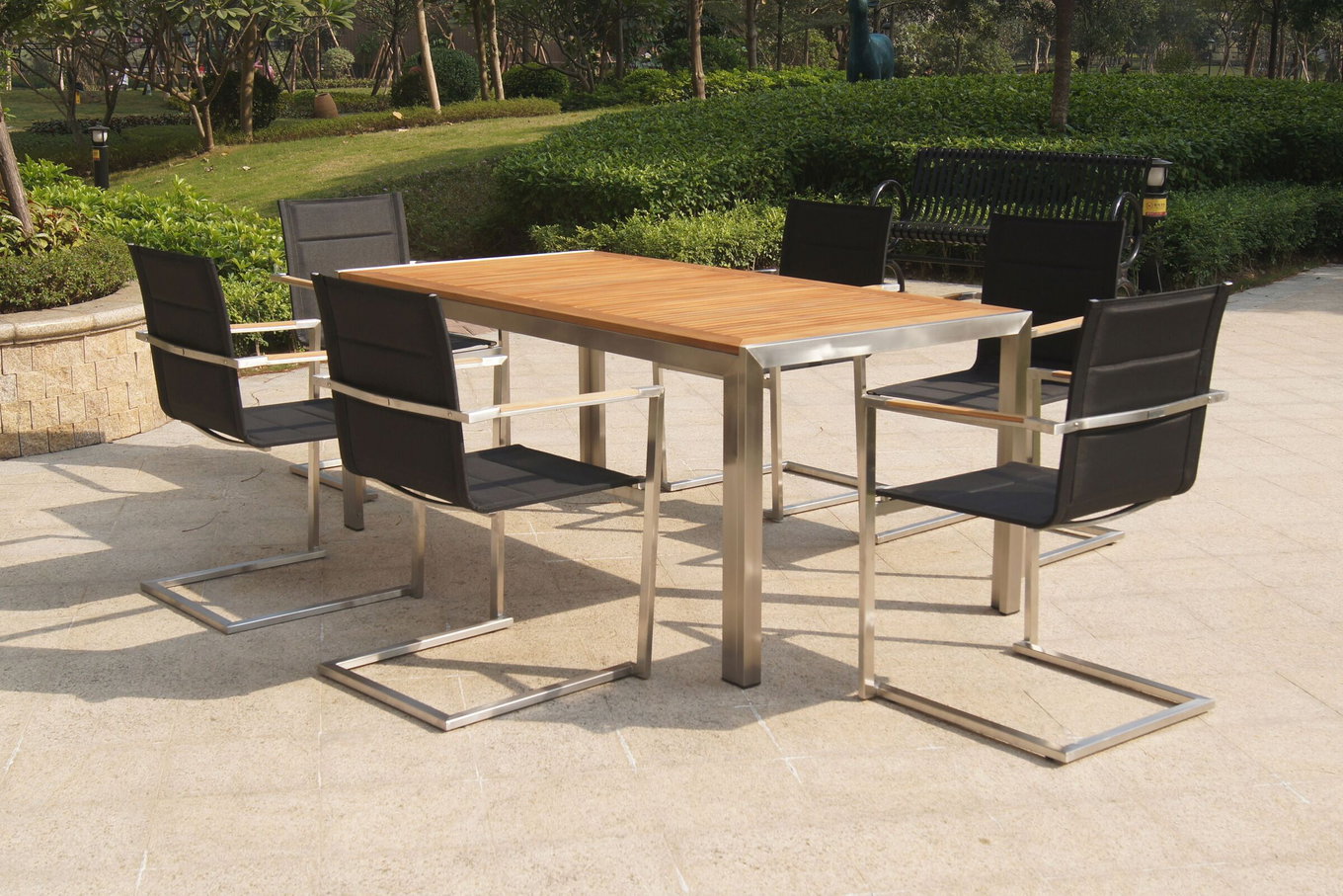 OUTFLEXX Conjunto de comedor de jardín, negro, acero inoxidable/teca, mesa de comedor 200 x 90 cm, 6 sillas apilables acolchadas 14202__1