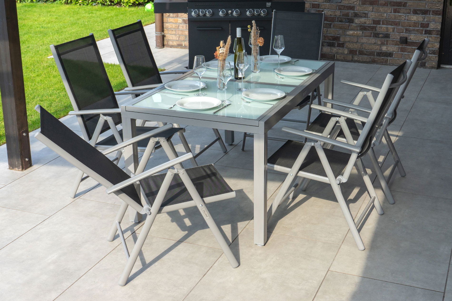 VILLANA Conjunto de comedor de jardín, plata/negro, Alu/Textil, Mesa 160/220 cm, 6 Sillas plegables