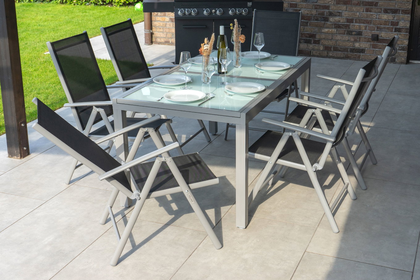 VILLANA Conjunto de comedor de jardín, plata/negro, Alu/Textil, Mesa 160/220 cm, 6 Sillas plegables 13876__1