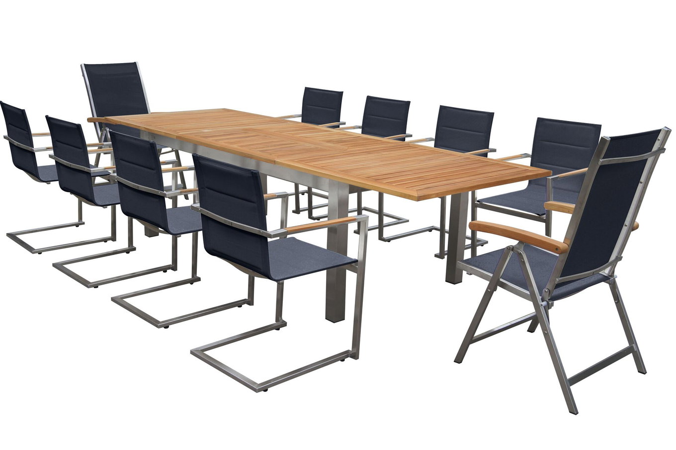 OUTFLEXX Conjunto de comedor de jardín, negro, 200/300 x 100 cm, acero inoxidable/teca, mesa extensible, 6 sillas acolchadas, 2 sillas plegables, producto certificado FSC® 14157__1