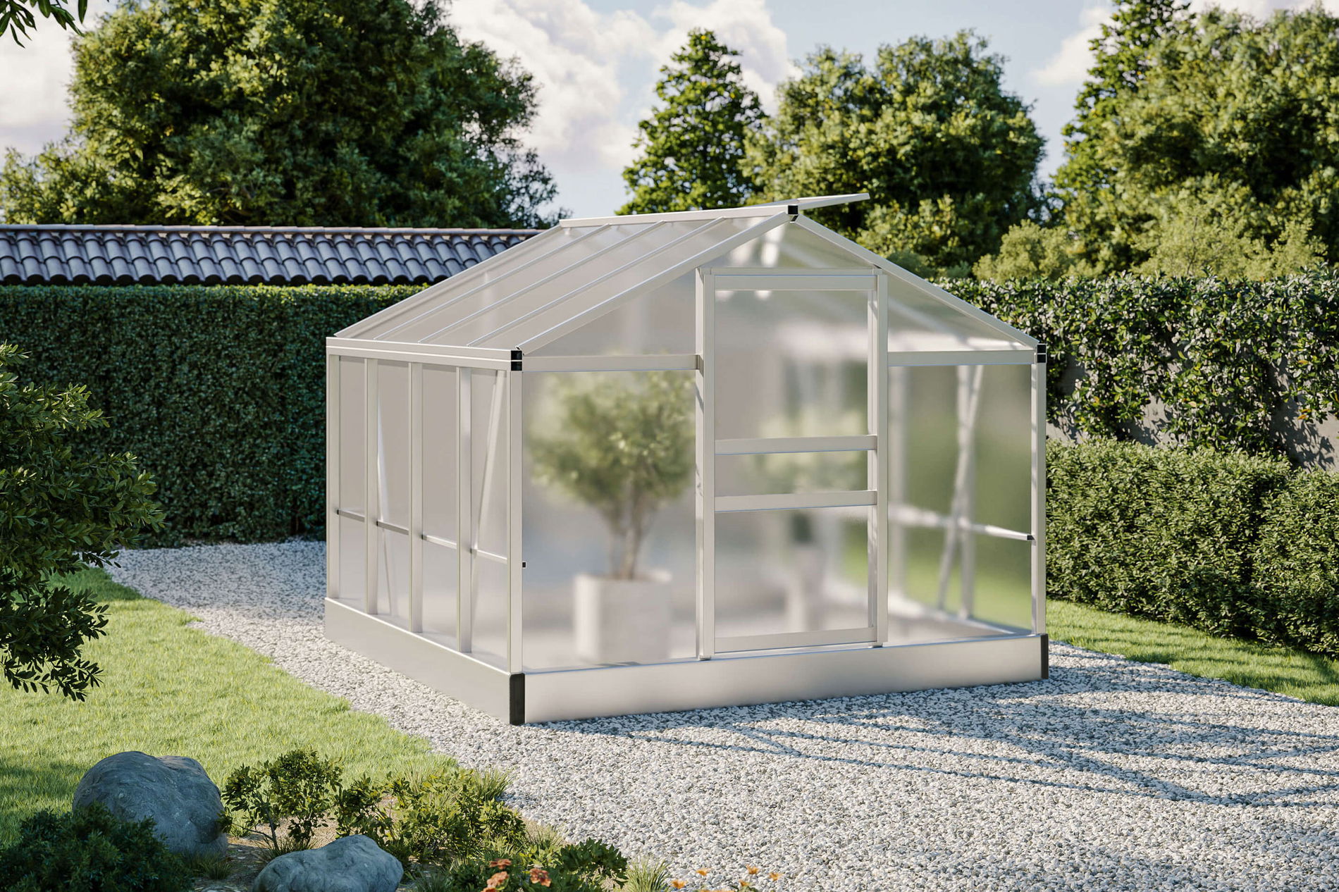 Invernadero OUTFLEXX Flora, plateado, aluminio, 250 x 250 x 205 cm, robusto, resistente a la corrosión, resistente a la intemperie, techo a dos aguas