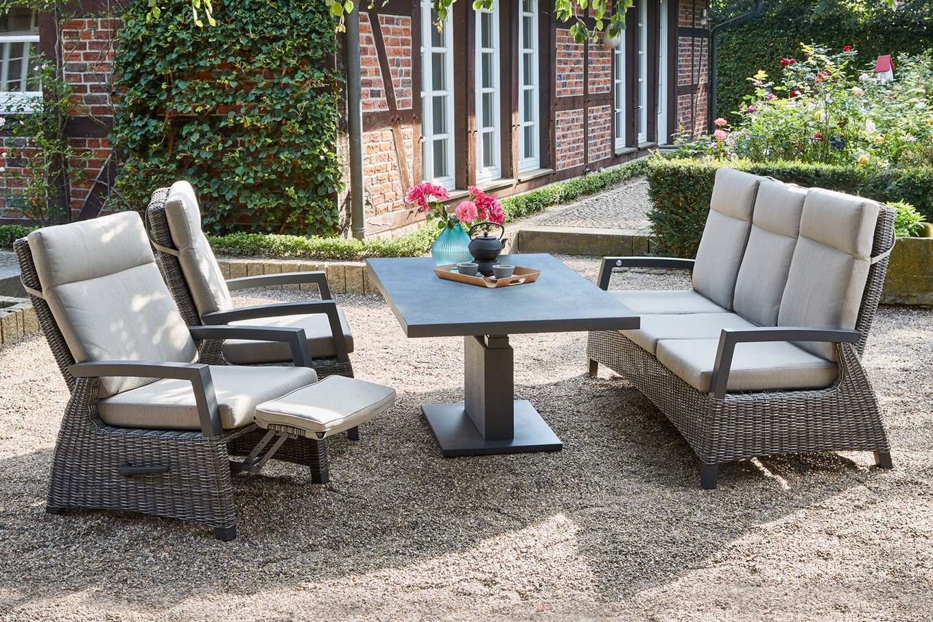 SIENA GARDEN Corido/Bellani Grau salón de jardín, charcoal/antracita/gris, Alu/Trenzado Gardino®, Mesa elevable 160x90cm, 1x Sofá de 3 plazas, 2x Sillón relax 22118__1