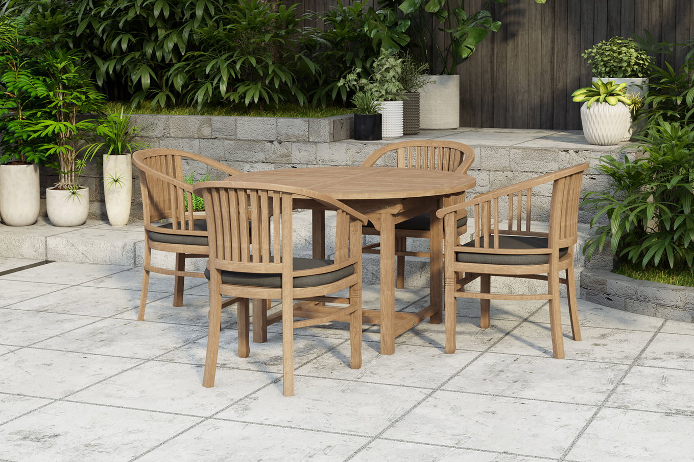 OUTFLEXX Dallas/Batavia Grupo de comedor de jardín, natural, Teca, 120/170x120 cm, 4x Sillón con reposabrazos, incl. cojín 24350__1