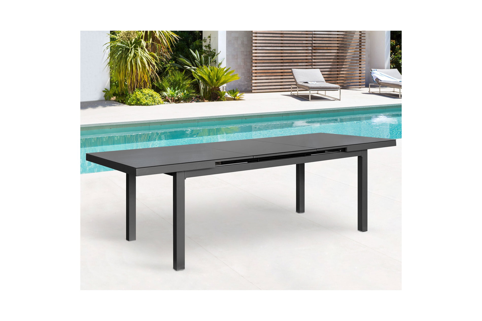 Mesa extensible Premium OUTFLEXX, antracita/gris, aluminio/vidrio, 180/240x100cm, mecanismo de extensión automático