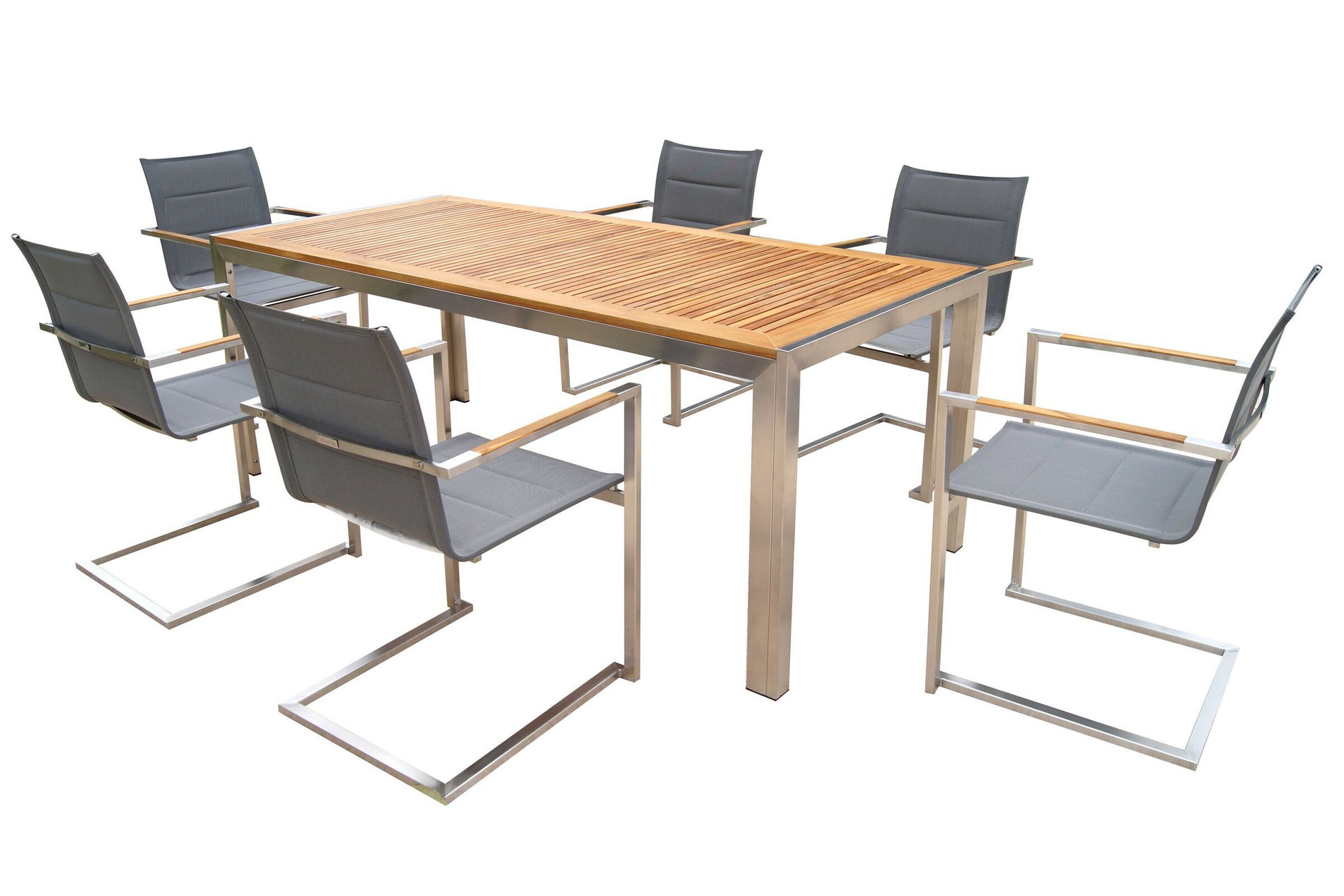 OUTFLEXX Conjunto de comedor para jardín, plata, acero inoxidable/teca, mesa de comedor 200 x 90 cm, 6 sillas apilables acolchadas 14203__1