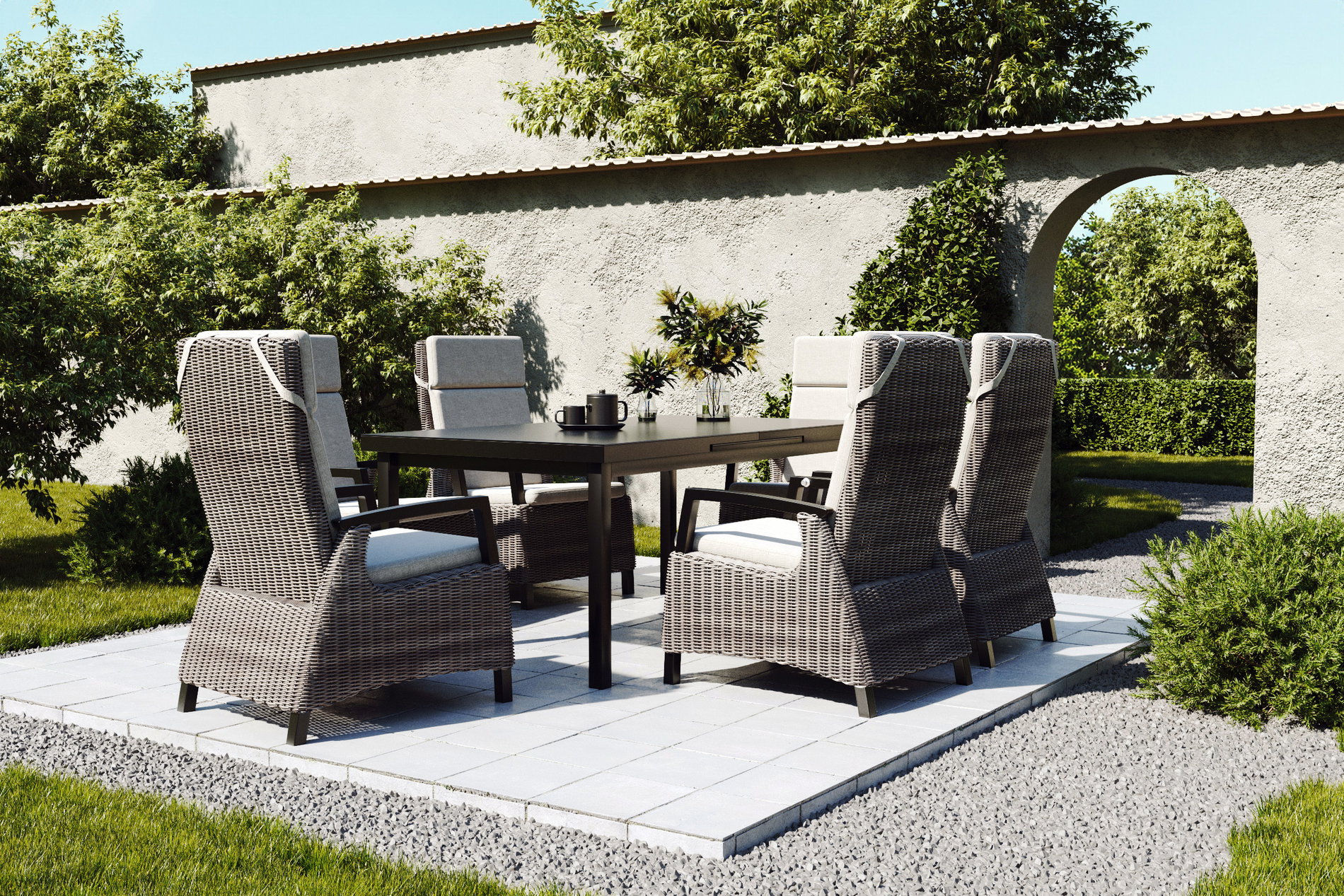 Conjunto de comedor de jardín OUTFLEXX Premium con 6 sillones, antracita/gris, aluminio/polirratán, fácil de limpiar, resistente a la intemperie, mesa extensible