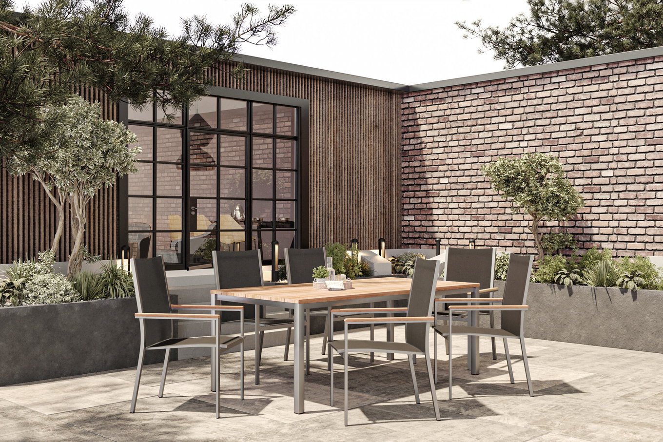 STERN Cardiff Conjunto de comedor de jardín, plata/taupe, Acero inoxidable/Teca, Mesa 200 x 100 cm, 6 sillas apilables 19724__1