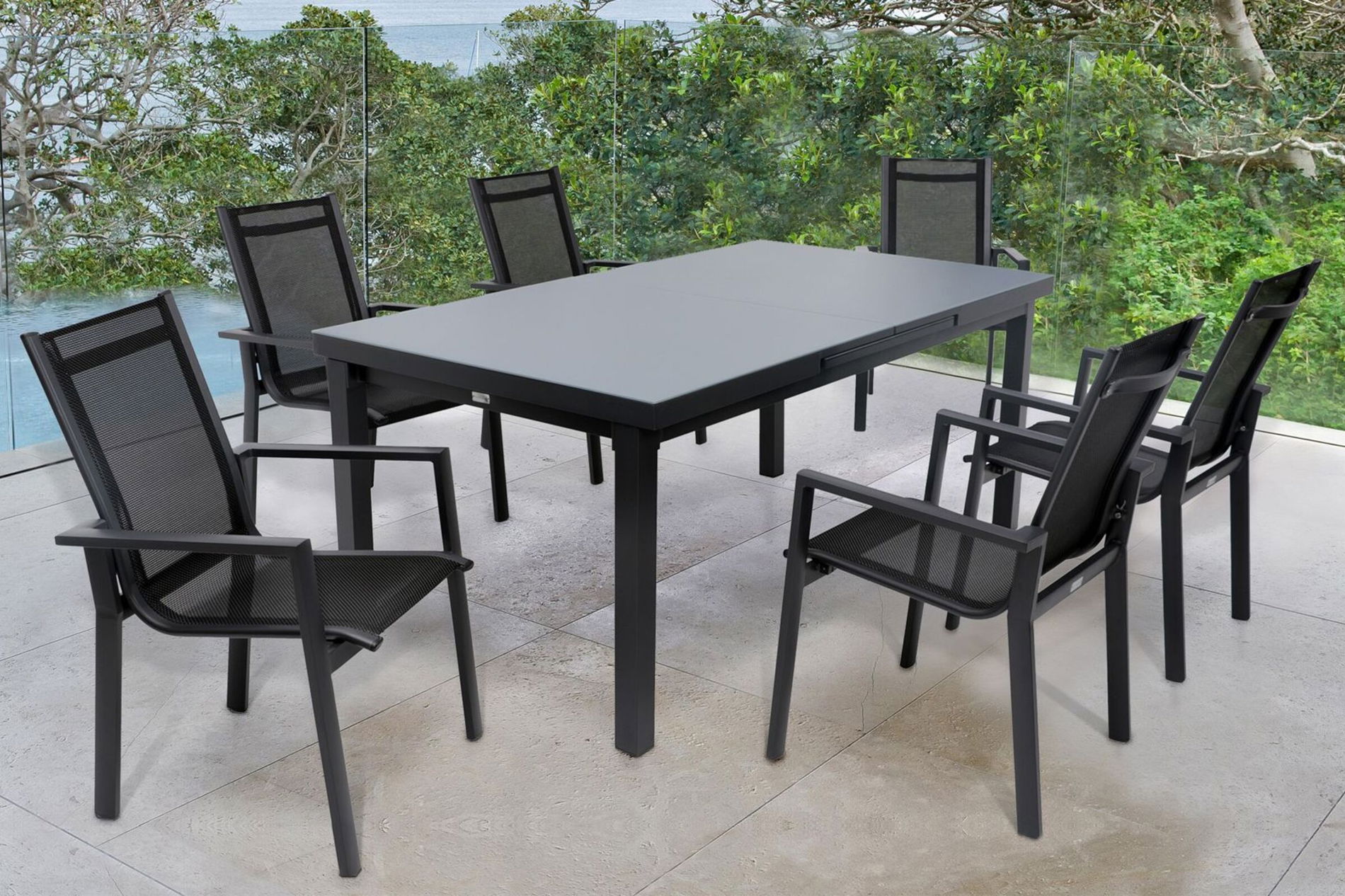 OUTFLEXX Conjunto de comedor de jardín Premium, OUTFLEXX® antracita mate, Aluminio/Textilene, Mesa 180/240x100cm, 6 Sillas apilables