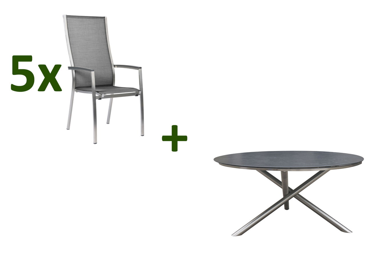 STERN Conjunto de comedor de jardín, plateado/gris, Acero inoxidable/Textil/Aluminio/Vitrocerámica, Mesa Ø150cm, 5 personas 24428__1