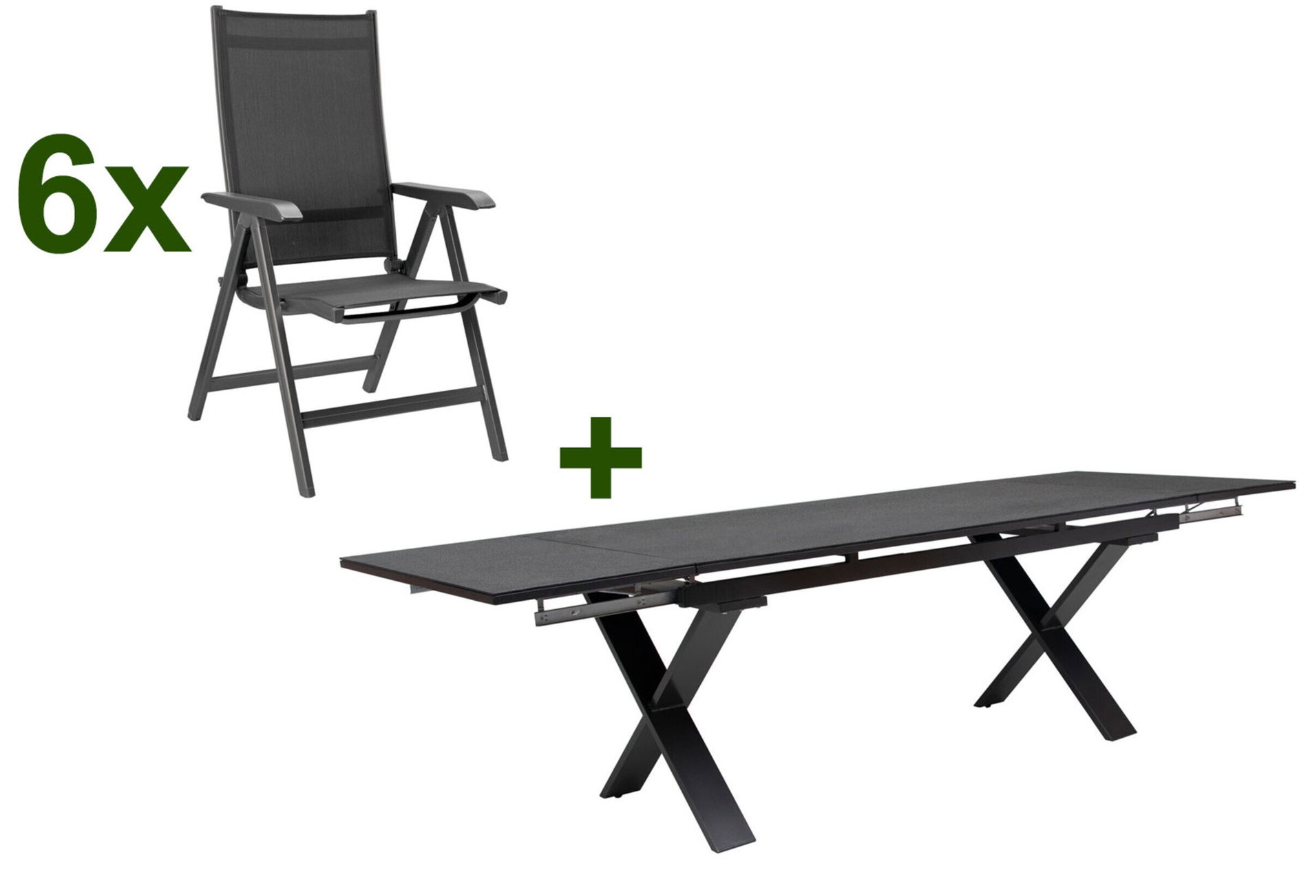 KETTLER BasicPlus Conjunto de comedor para jardín, antracita, Alu / Spraystone / Textil, Mesa 180/280x100cm, 6 sillas plegables 23073__1
