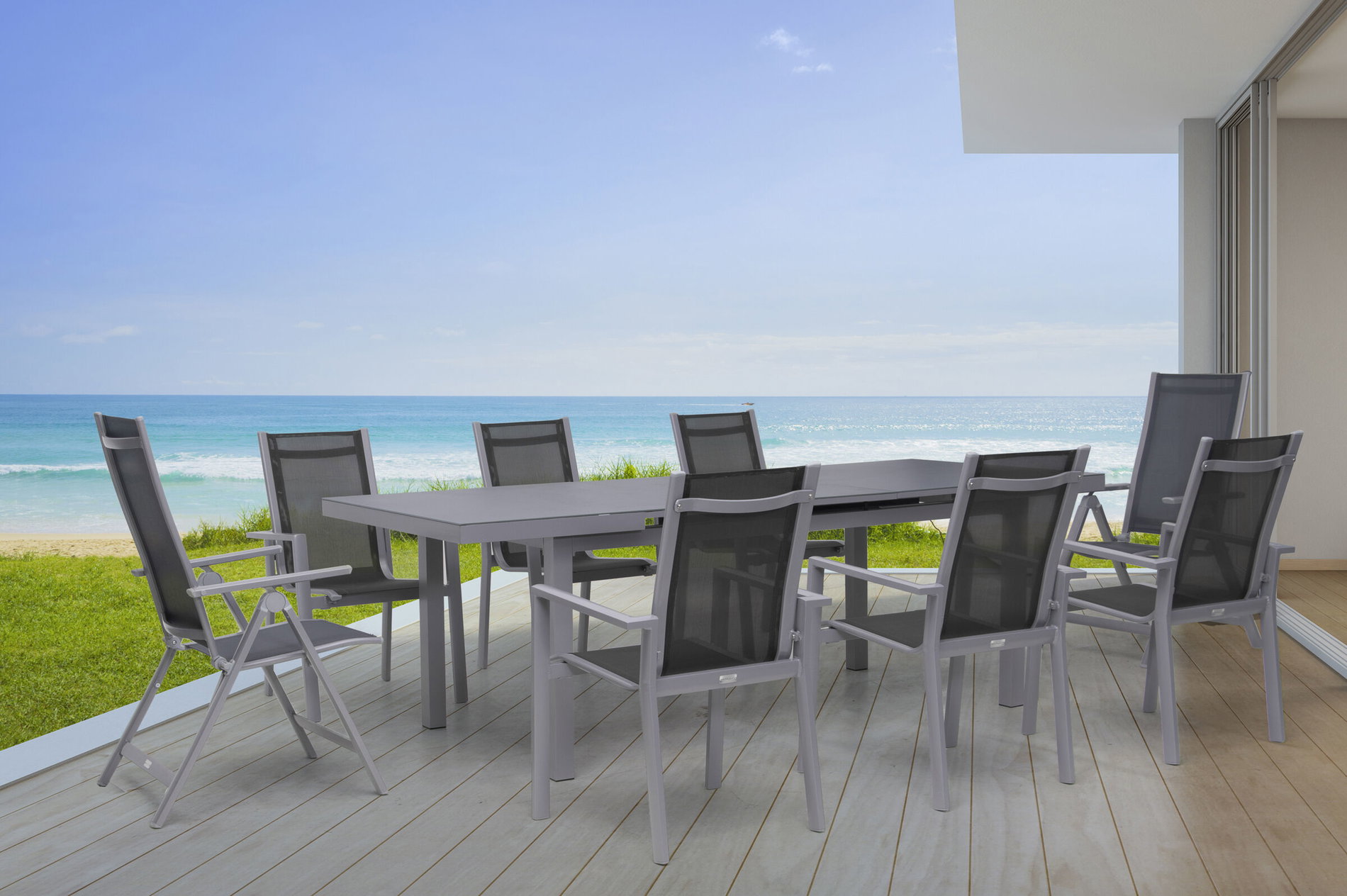 OUTFLEXX Conjunto de comedor de jardín premium, plata/gris, aluminio/textilene, mesa extensible 180/240 x 100 cm, 6 sillones apilables, 2 sillas plegables 21436__1