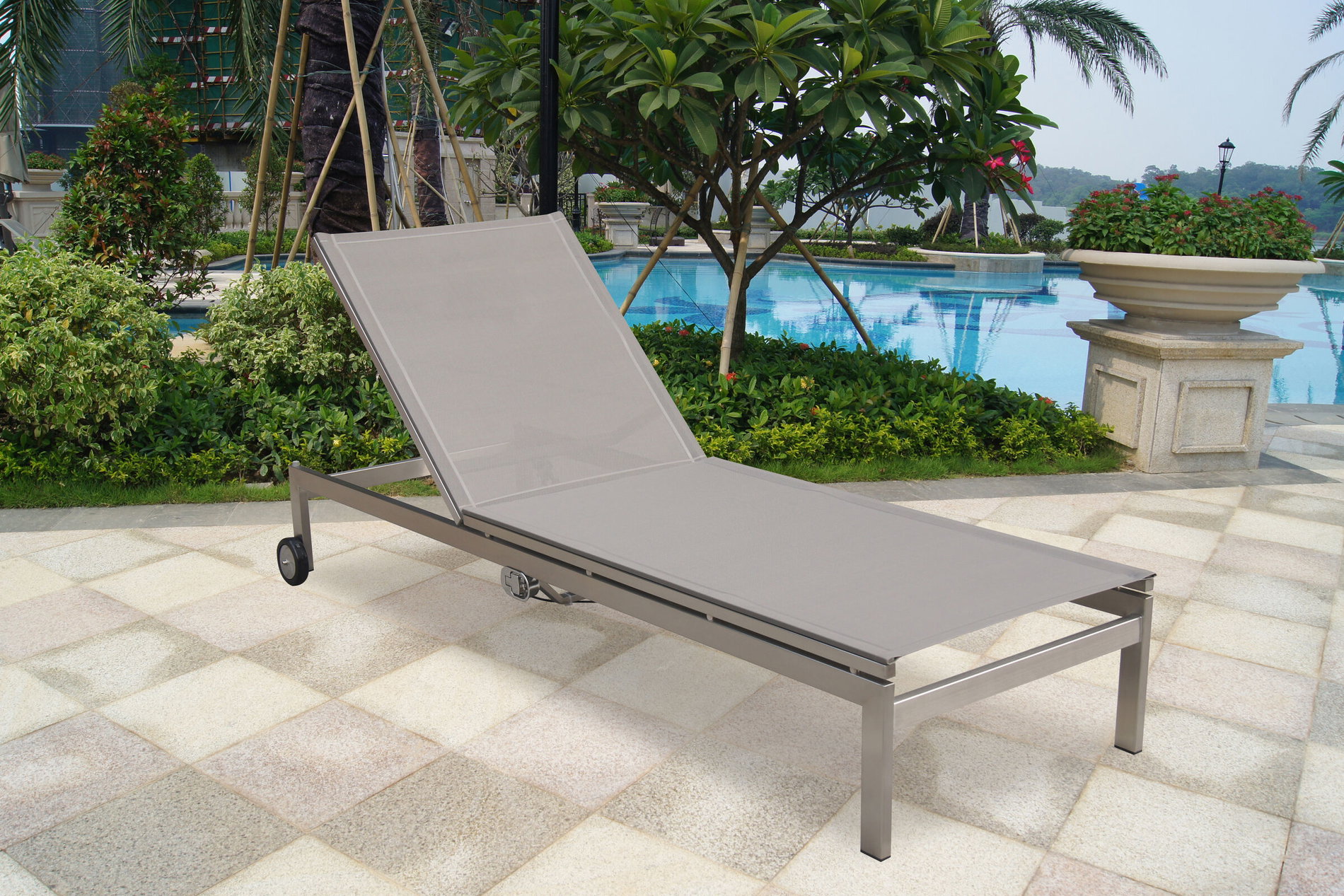 OUTFLEXX Tumbona con ruedas, topo, Acero inoxidable/Textileno, respaldo ajustable, 212x71x36cm