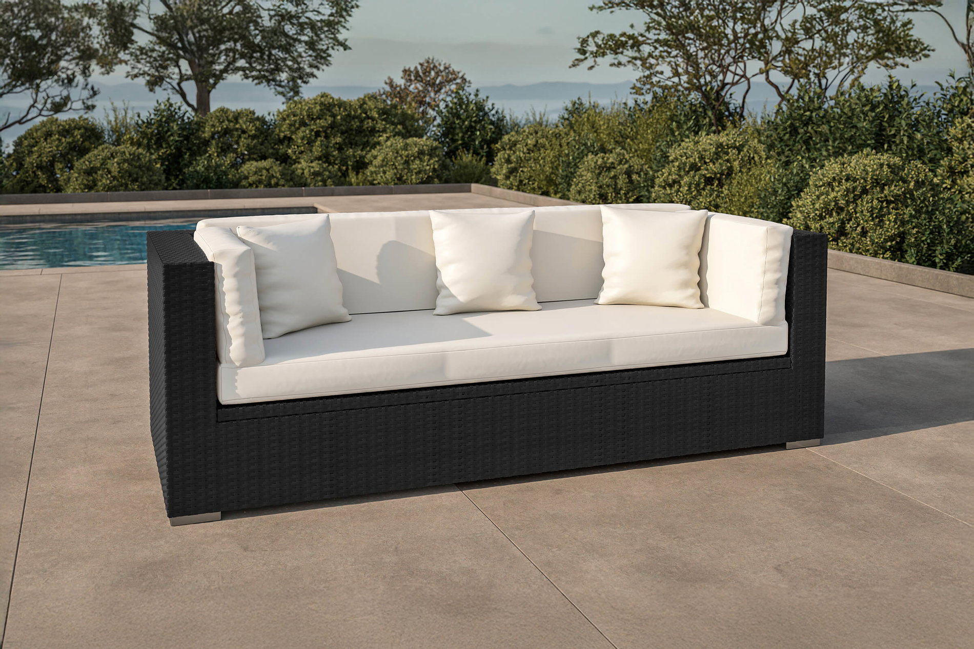 OUTFLEXX Sofá de tres plazas, crema/blanco, negro, polirratán, 210x85x70cm, incl. cojines + arcón impermeable para cojines