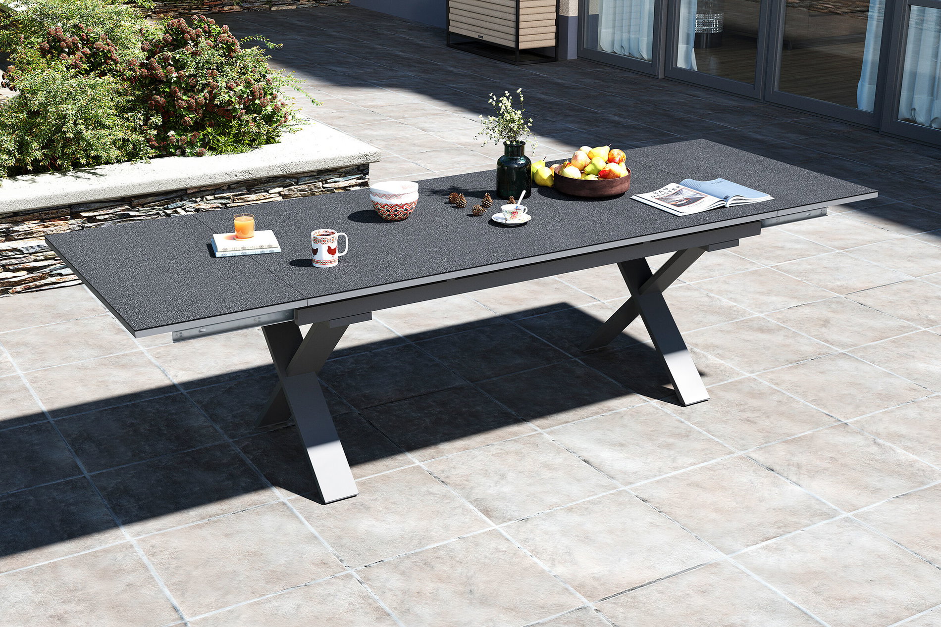 OUTFLEXX Toronto Mesa extensible, plata, Alu/Spraystone, 180/280x100cm, extensión tipo cajón