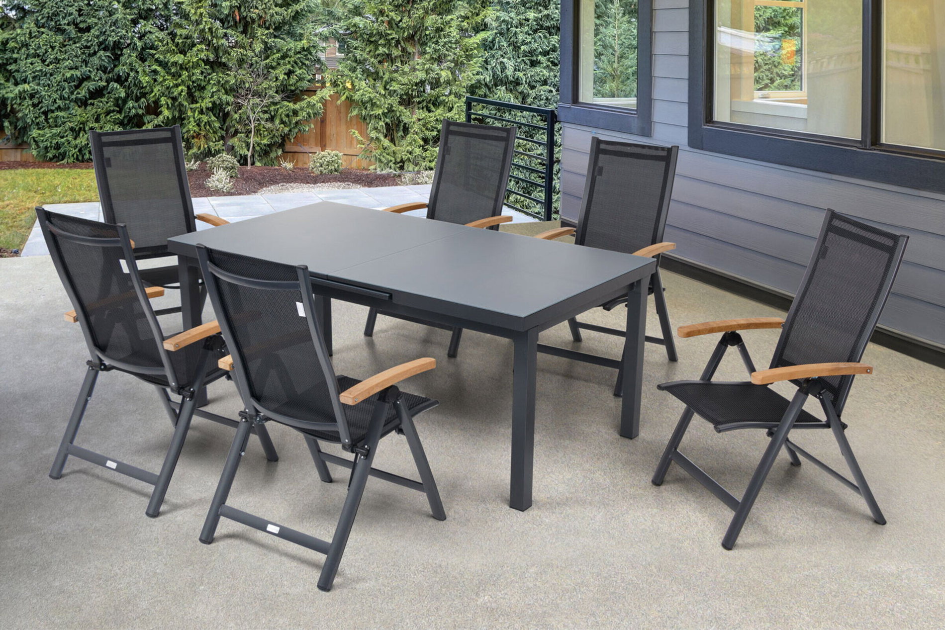 Conjunto de comedor Premium para jardín OUTFLEXX, OUTFLEXX® antracita mate, aluminio / vidrio / teca, mesa 180/240x100cm, 6 sillas plegables 22205__1