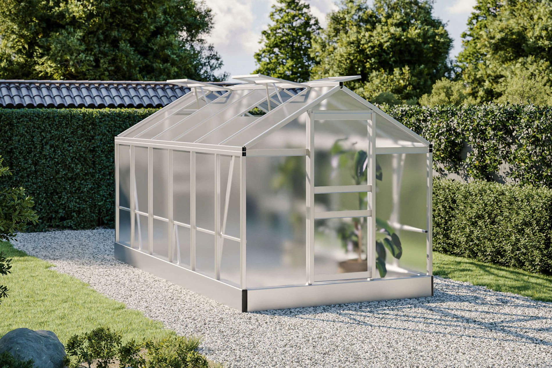 Invernadero OUTFLEXX Flora, plata, aluminio, 380 x 190 x 200 cm, robusto, resistente a la corrosión, resistente a la intemperie, techo a dos aguas