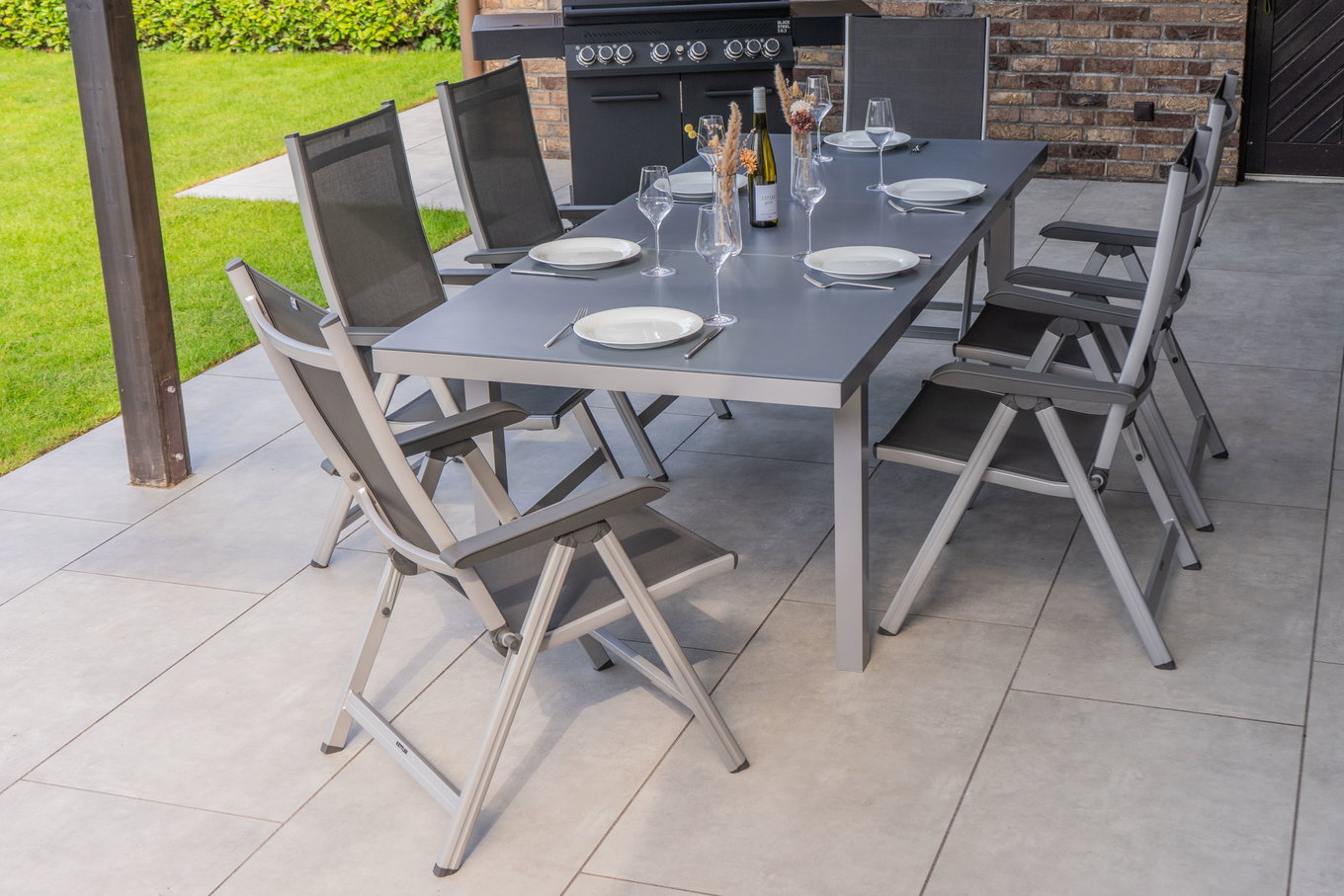 KETTLER BasicPlus Conjunto de comedor para jardín, plateado, Alu/Textilene, Mesa 180/240x100cm, 6 Sillas plegables 19307__1