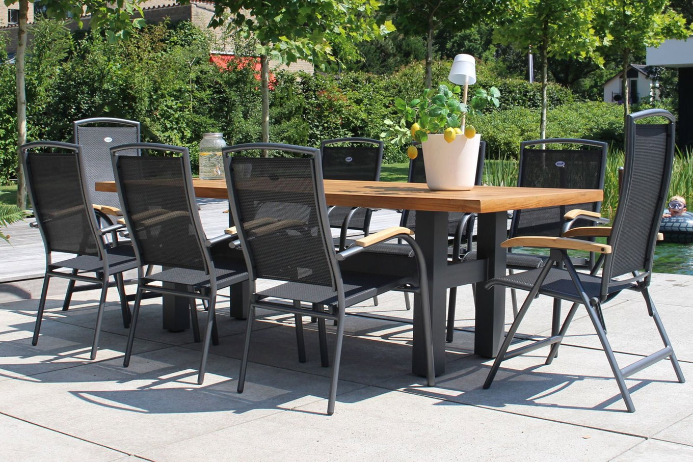 HARTMAN Modelo especial Yasmani/Raffaelo Conjunto comedor jardín, xerix, Aluminio/Madera teca, 240x100cm, 6 sillones apilables, 2 sillas plegables 19040__1