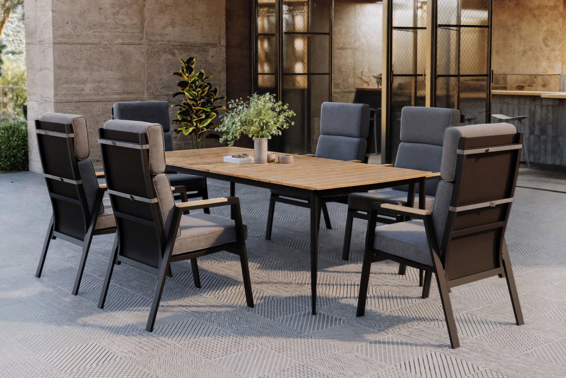 OUTFLEXX Trondheim Conjunto de comedor de jardín, antracita/natural, Alu/madera de teca, mesa 220 x 100 cm, 6 sillones, incl. cojines