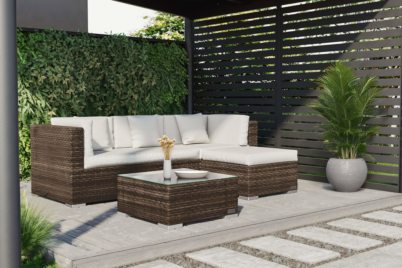 OUTFLEXX salón de jardín, marrón jaspeado, 5 pers, polirratán, arcón impermeable para cojines 16068_BOX_A__1