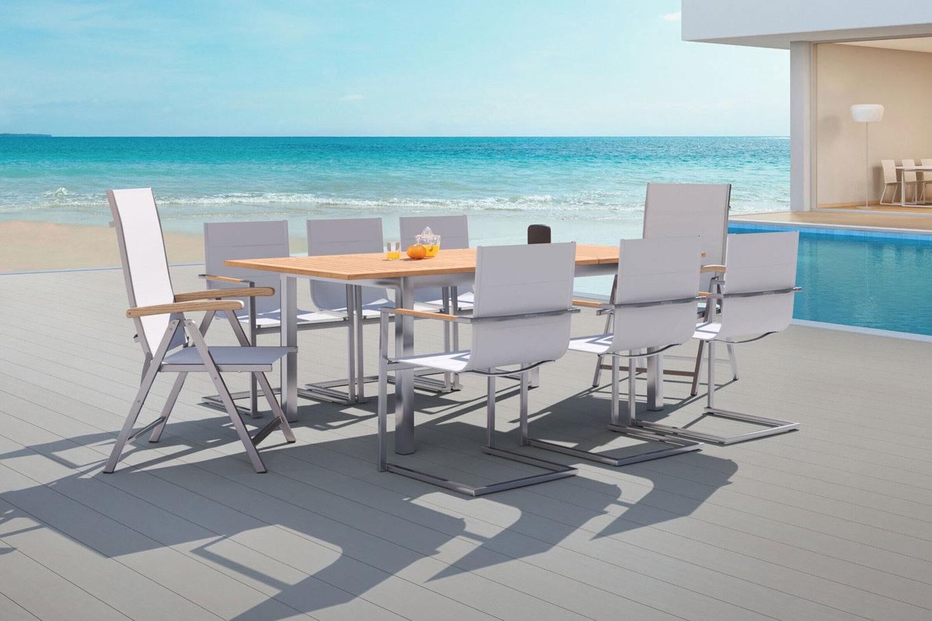 OUTFLEXX Conjunto de comedor para jardín, plata, 180/240 x 100 cm, acero inoxidable/teca, mesa extensible, 4 sillas acolchadas, 2 sillas plegables, producto certificado FSC® 14142__1