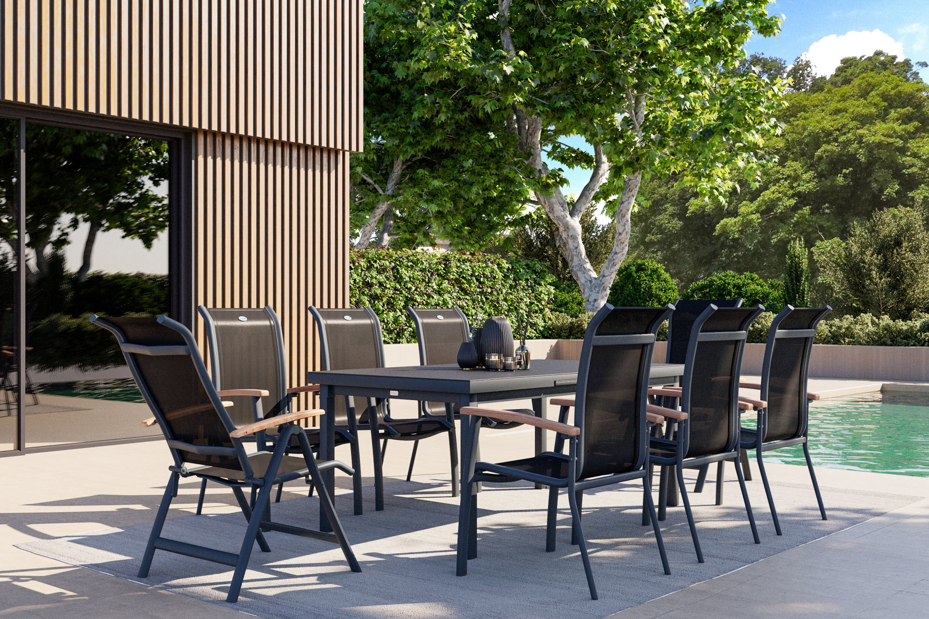 HARTMAN Alice Conjunto de comedor de jardín, xerix, Alu/4x4 Textilene, Mesa 180/240x100cm, 6 sillones apilables, 2 sillas plegables 19330__1