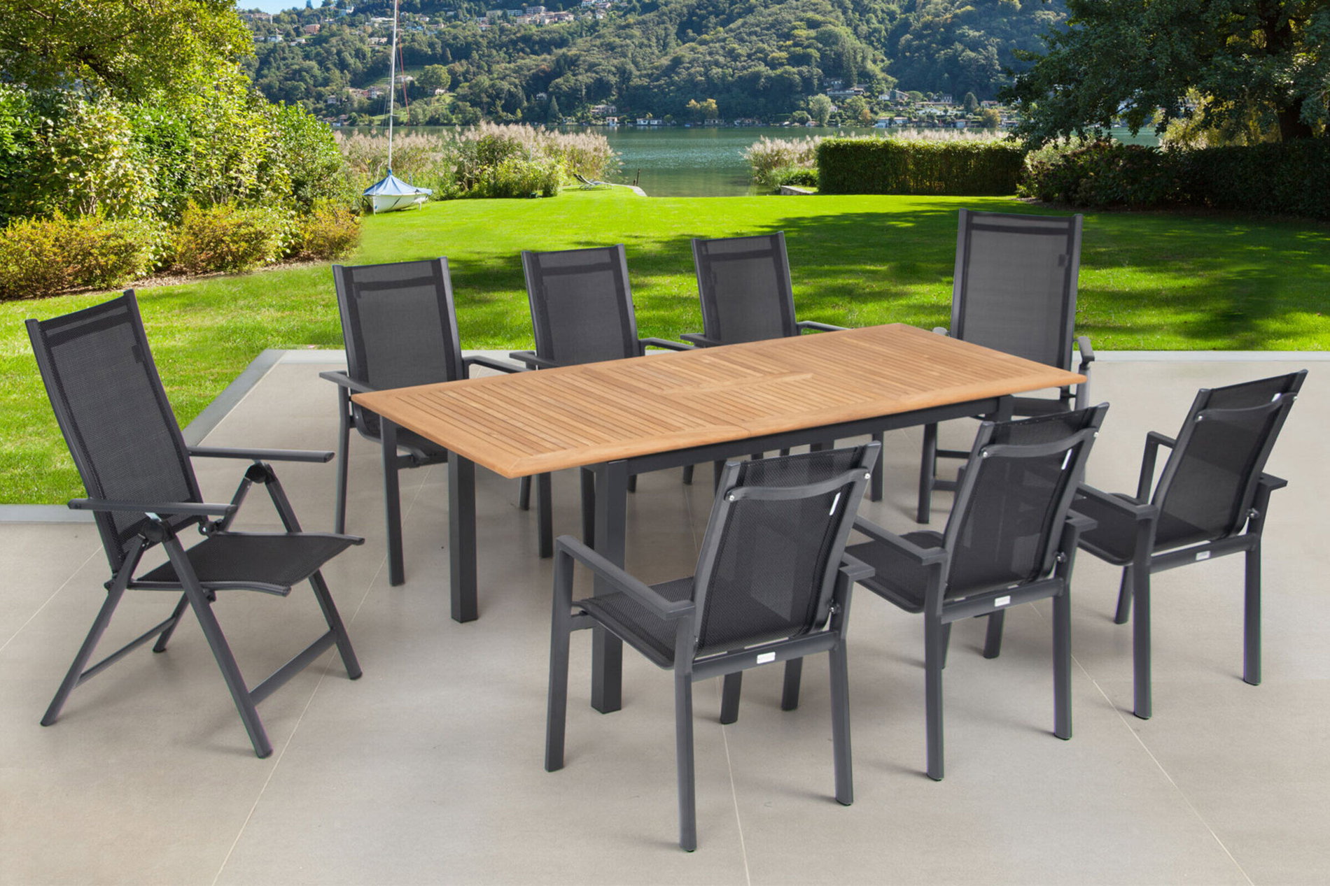 OUTFLEXX Conjunto de comedor de jardín, OUTFLEXX® antracita mate, Alu / Teca / Textil, Mesa extensible 150/210 x 90 cm, 6 sillas apilables, 2 sillas plegables 22181__1