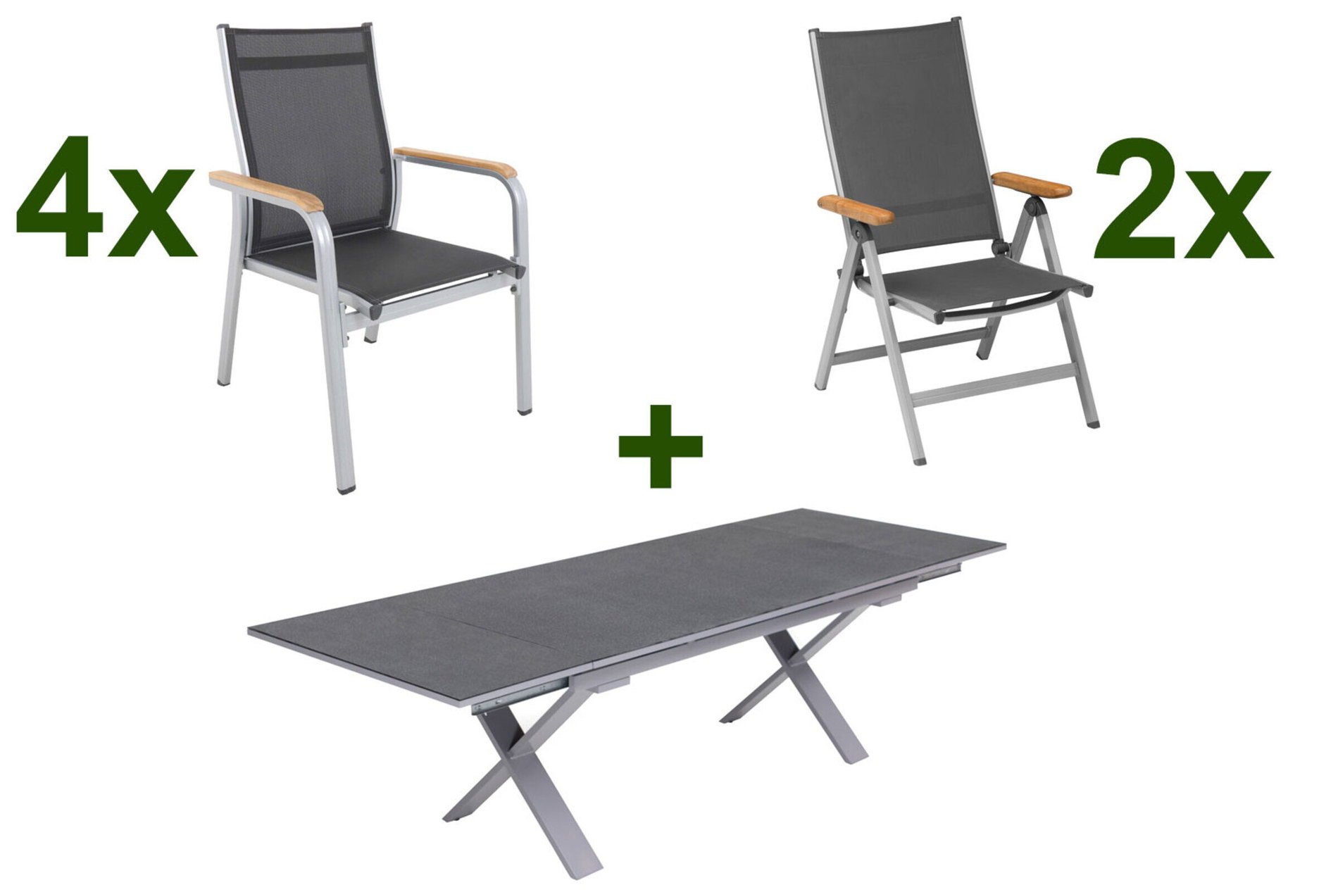 KETTLER Granada Conjunto de comedor de jardín, plata / antracita, aluminio / Spraystone / teca, mesa 180/280 x 100 cm, 4 sillones apilables, 2 sillas plegables 23022__1