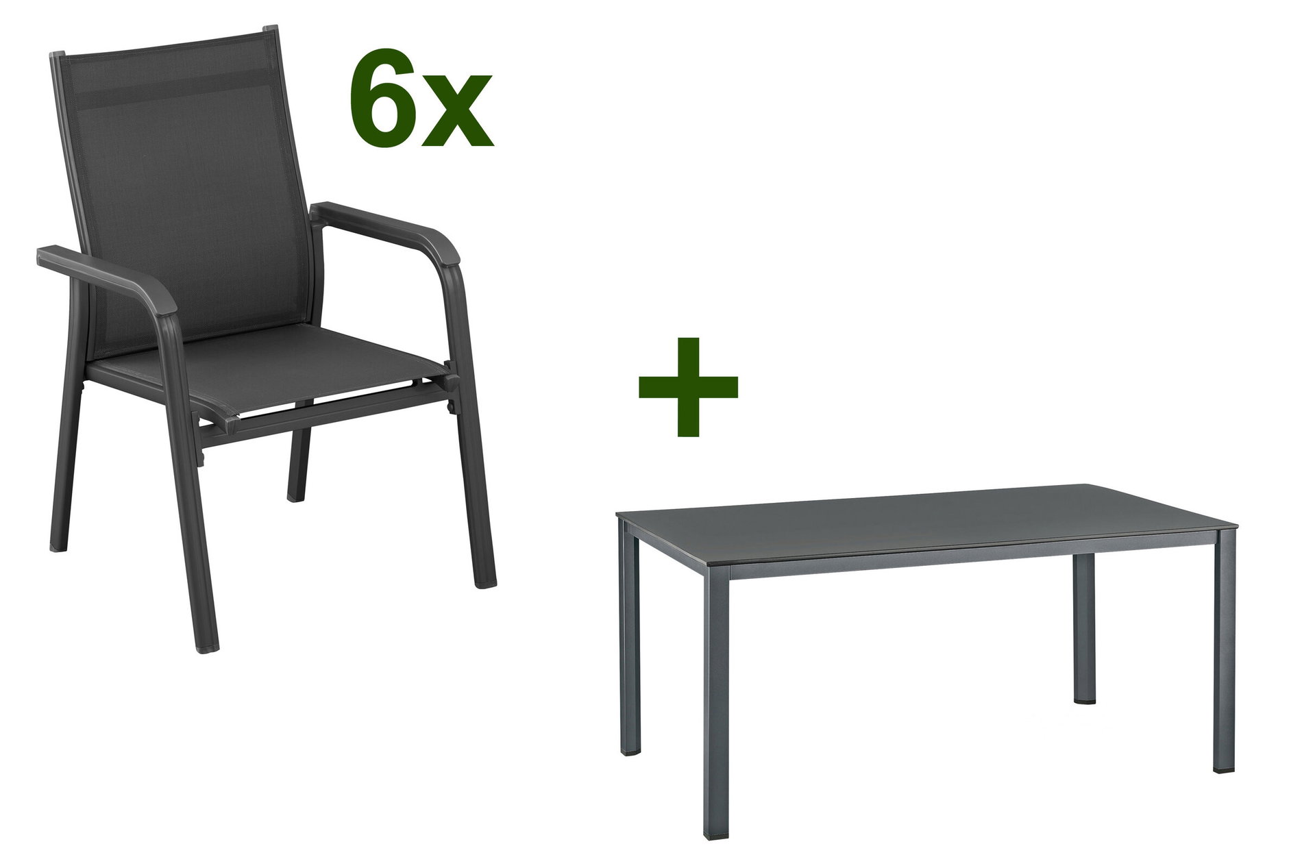 Kettler Conjunto de comedor, antracita/antracita, Mesa Dining Kettalux-Plus 160x95cm, 6 Sillas apilables BasicPlus 13701__1