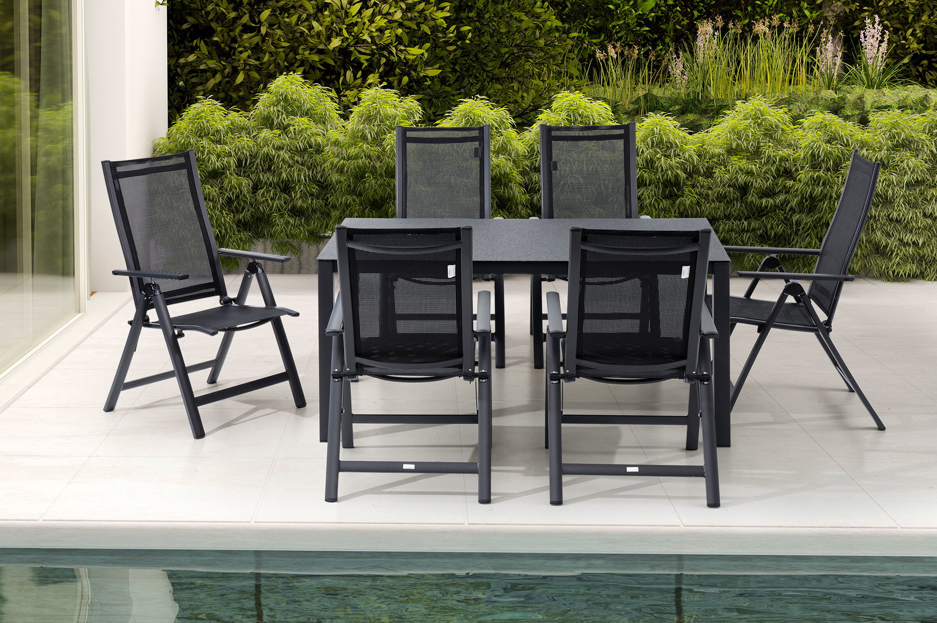 OUTFLEXX Conjunto de comedor de jardín, antracita mate, Alu/Spraystone/Textilene, 160x95 cm, 6 sillas plegables, ajustables 28186__1