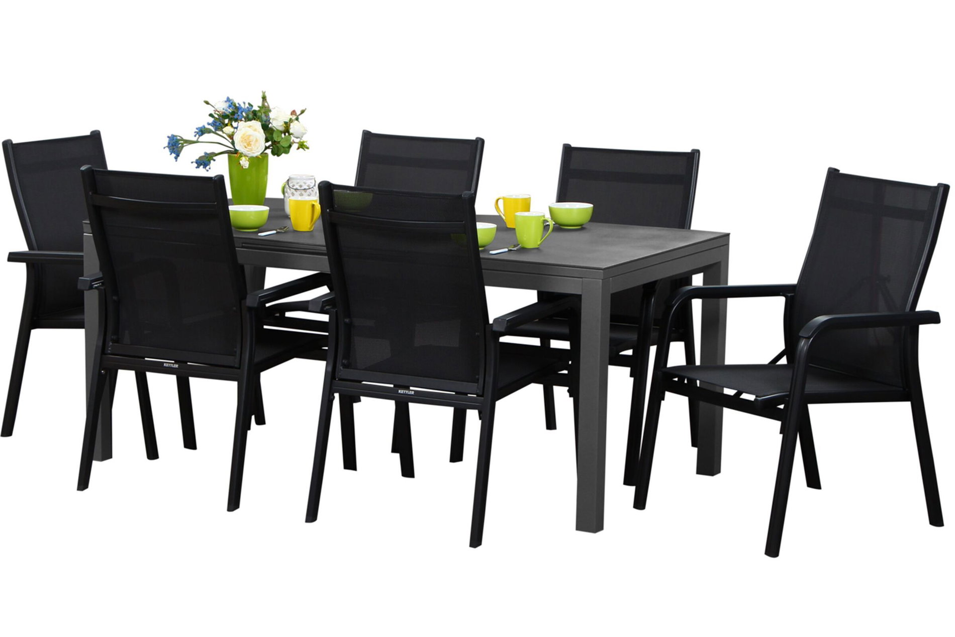 KETTLER Basic Plus Conjunto de comedor de jardín, antracita/antracita, Alu/Textilene, 180/240x90cm, 6 sillas apilables 17228__1
