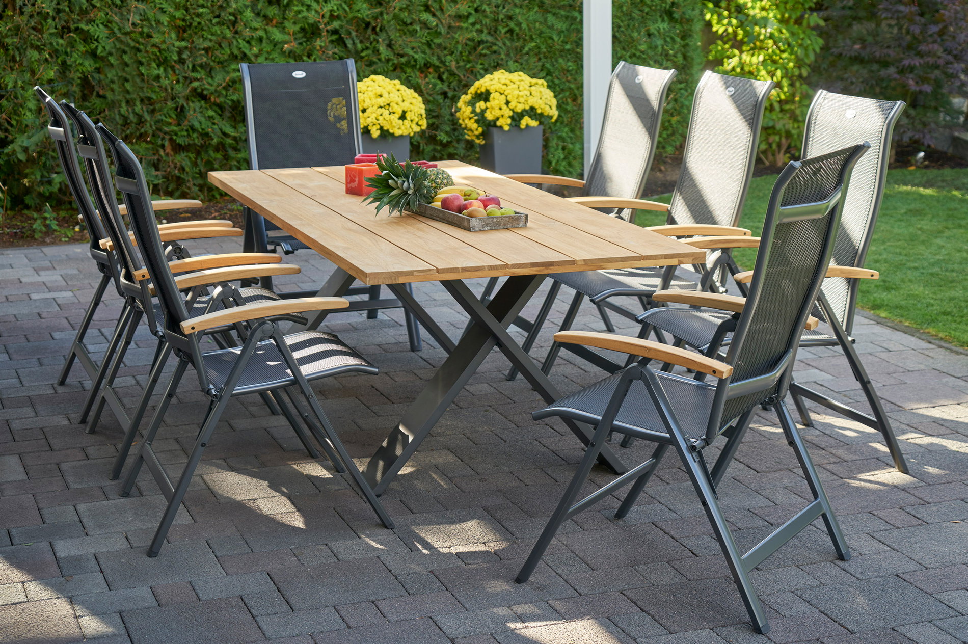 HARTMAN Xanadu / Alice Conjunto de comedor de jardín, xerix/negro, Alu/Madera de teca, 4x4 Textiles, 8 Sillas plegables, 220x100cm 21158__1