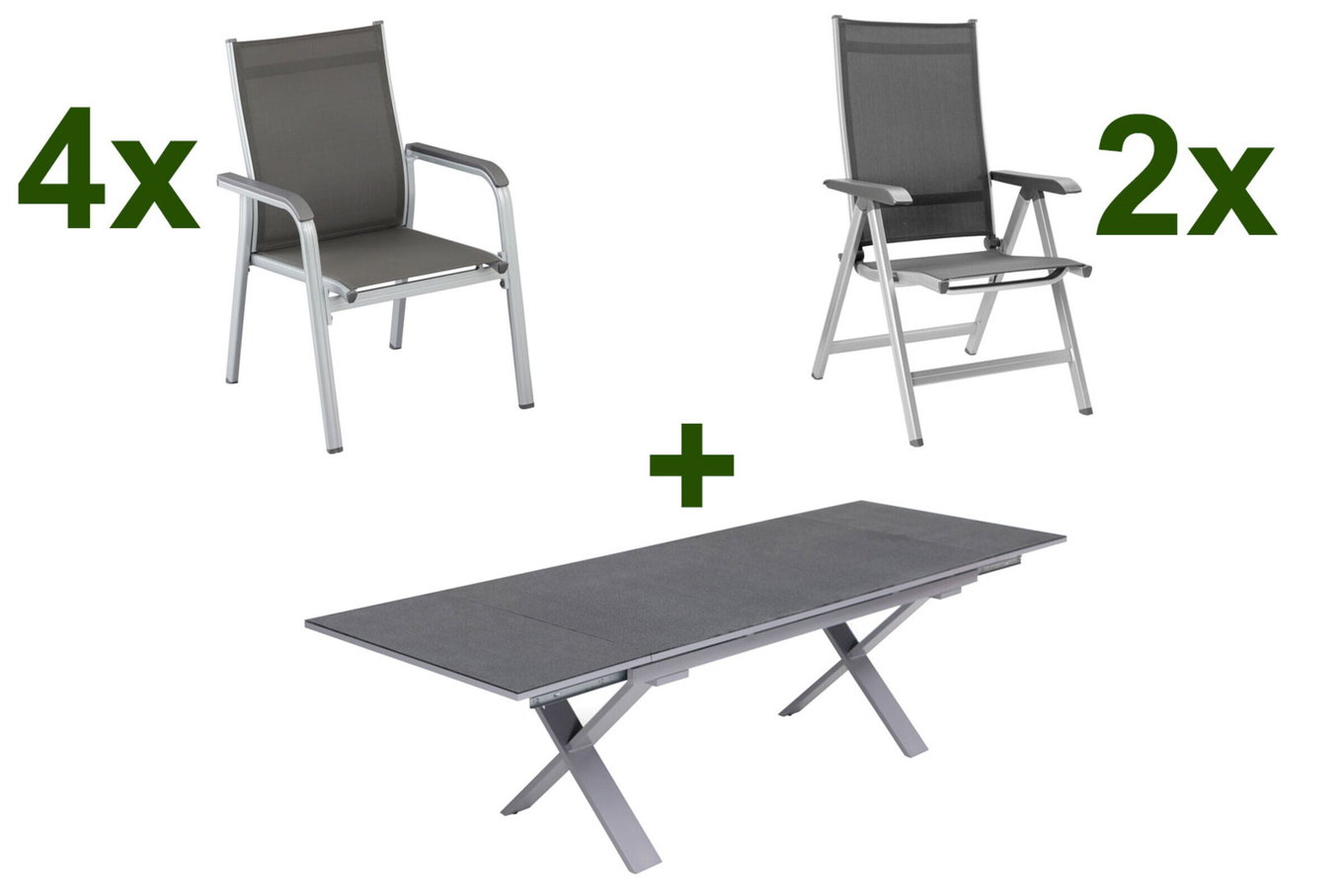 Conjunto de comedor de jardín KETTLER BasicPlus, plata / antracita, aluminio / Spraystone / textil, mesa 180/280 x 100 cm, 4 sillones apilables, 2 sillas plegables 23013__1