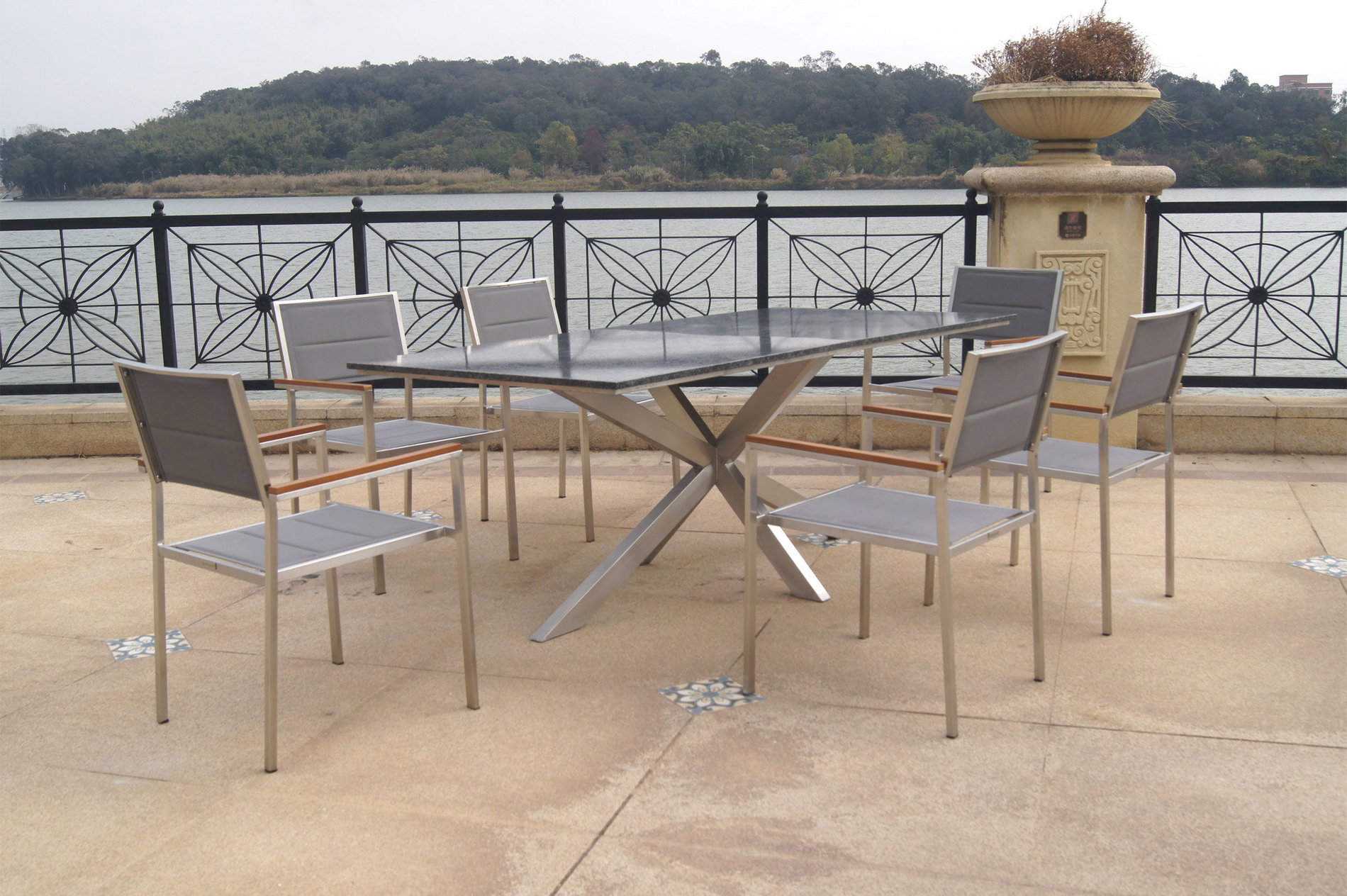 OUTFLEXX Garten-Essgruppe, silber/weiß, Edelstahl/Granit/Textil, 200x100 cm, 6 Stühle, padded, Armlehnen aus Teak