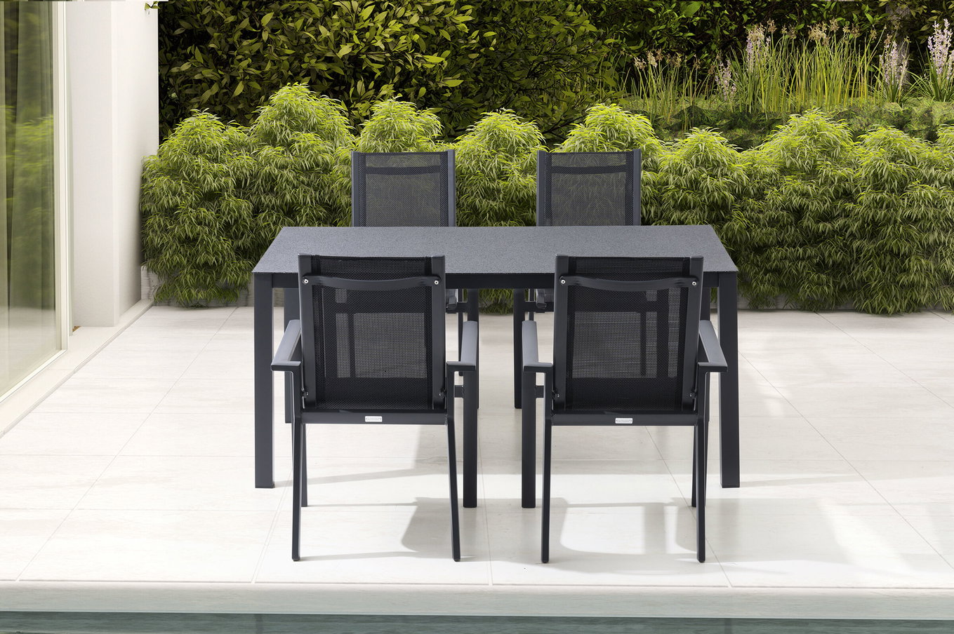 OUTFLEXX Conjunto de comedor de jardín, antracita mate, Alu/Spraystone/Textilene, 160x95 cm, 4 sillas apilables 28187__1