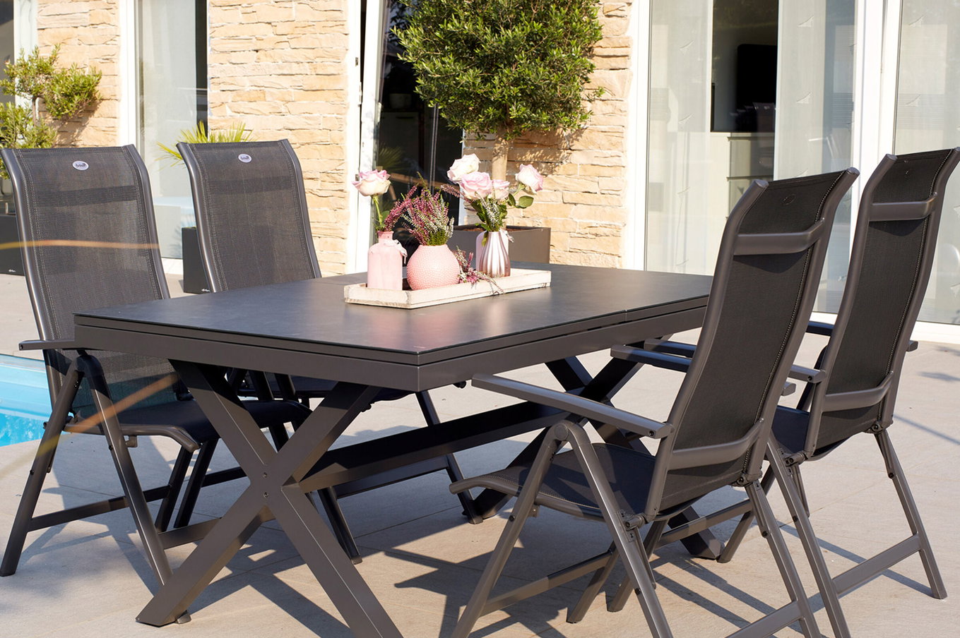 HARTMAN Xanadu / Alice Grupo de comedor de jardín, xerix, Alu/Textilene/Vitrocerámica, 4 sillas plegables, 160/220x100cm 23254__1
